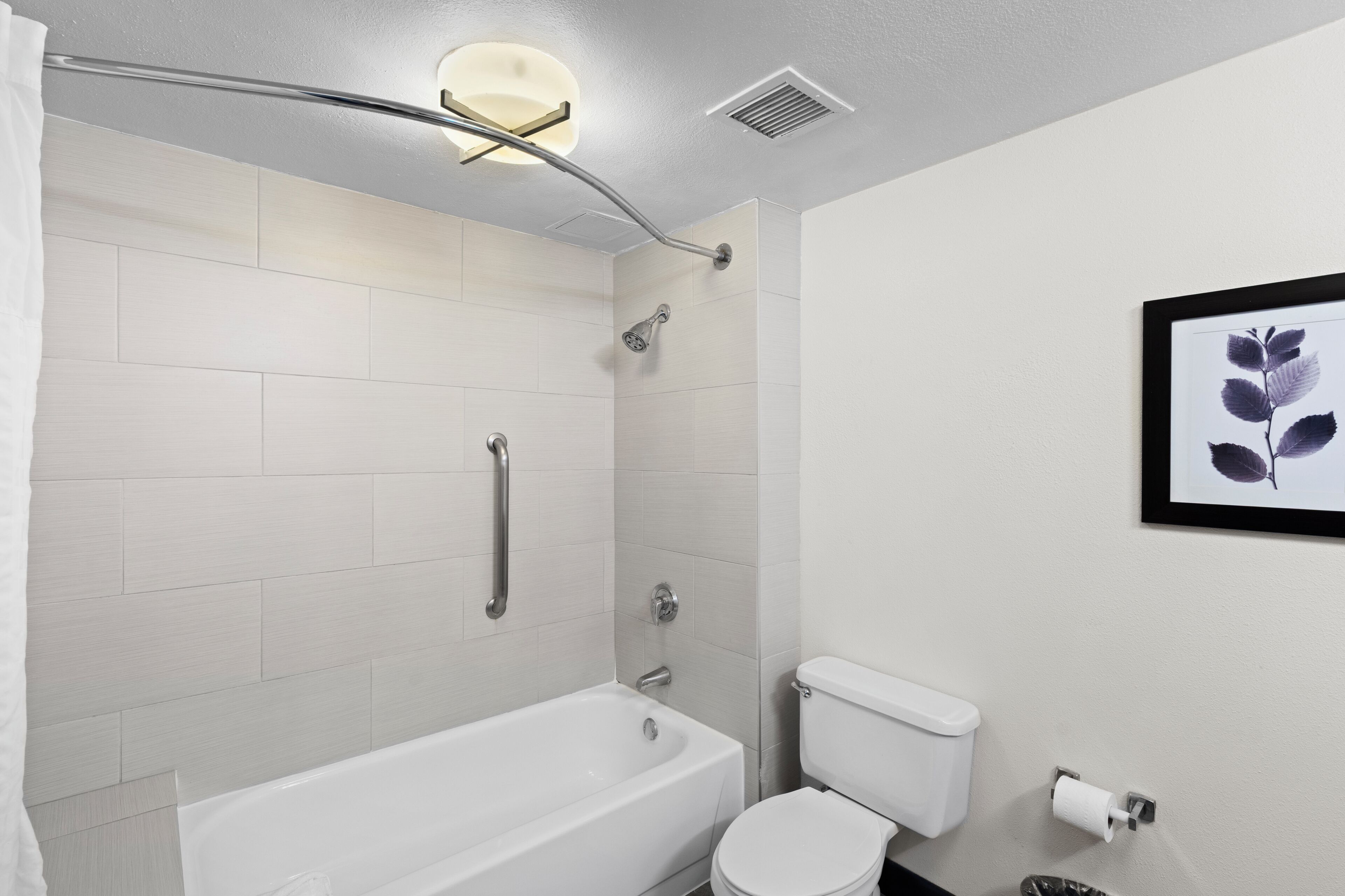 Ein Badezimmer mit Badewanne, Toilette, Dusche und einem gerahmten Bild an der Wand.