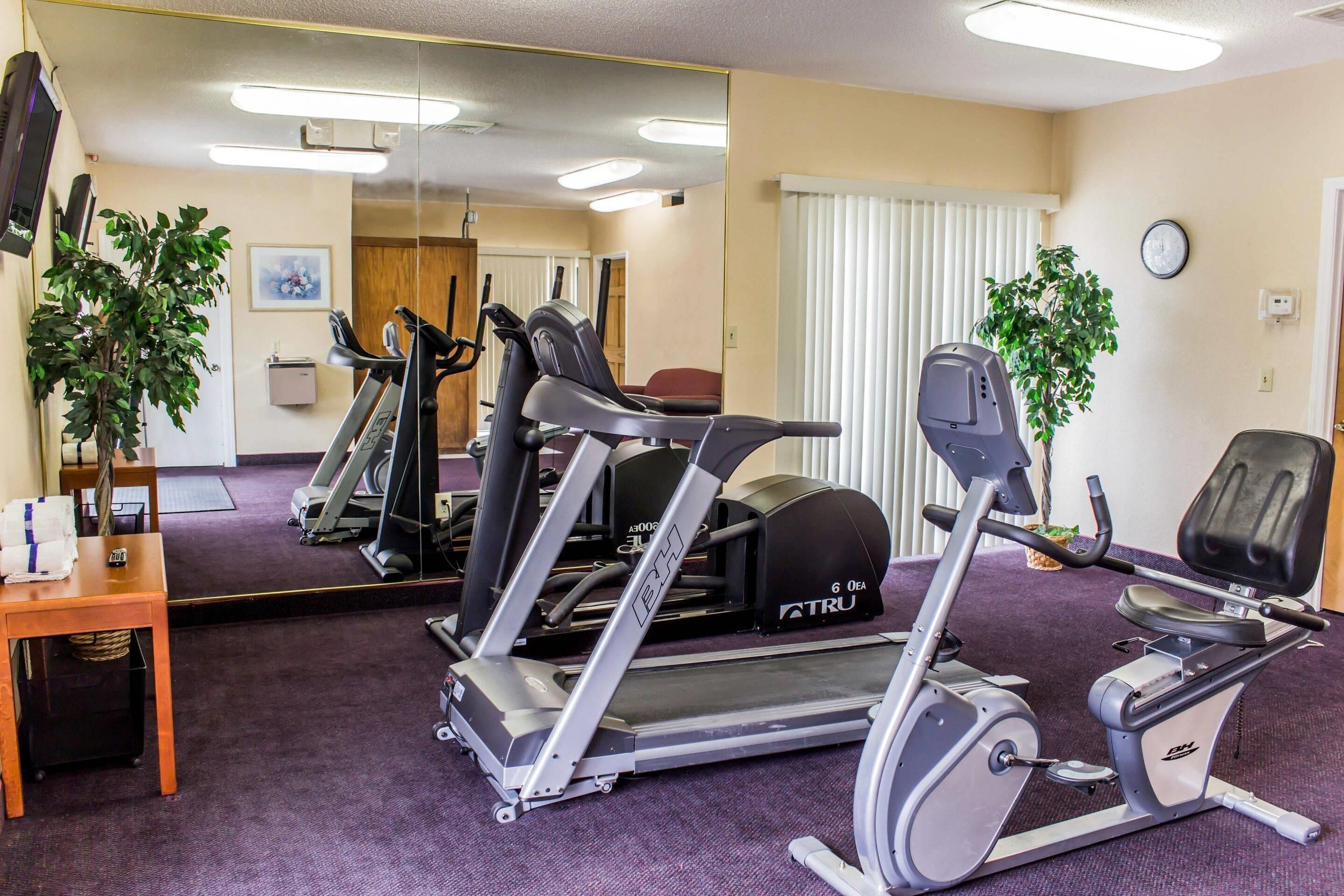 Una palestra attrezzata con tapis roulant, cyclette e macchinari per pesi.
