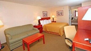 Et hotelværelse med en seng, en sofa, et lille bord, en stol og to sengeborde med lamper.