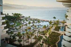 Indoor pool, outdoor pool, pool umbrellas