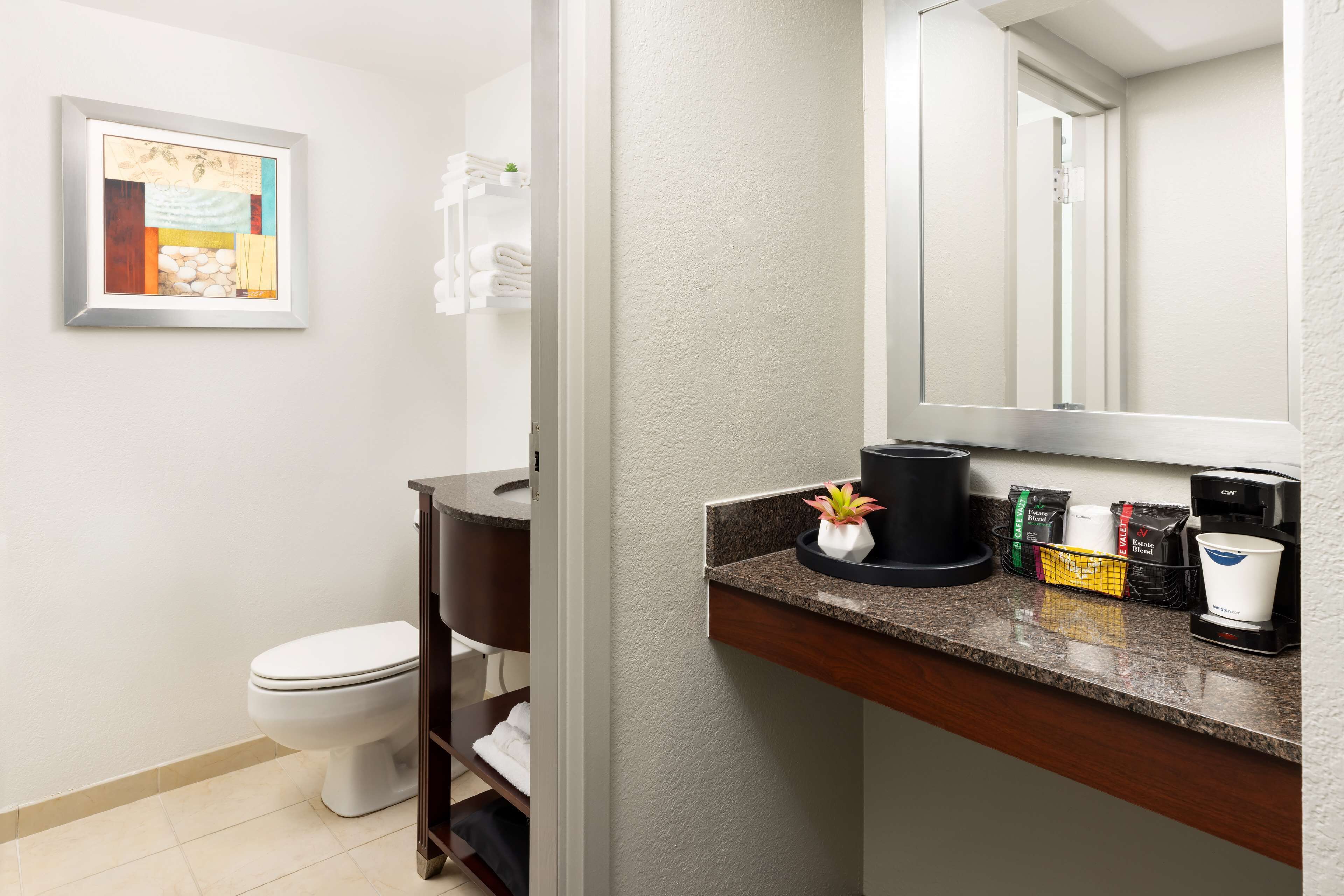 combined shower/bathtub, free toiletries, hair dryer, towels