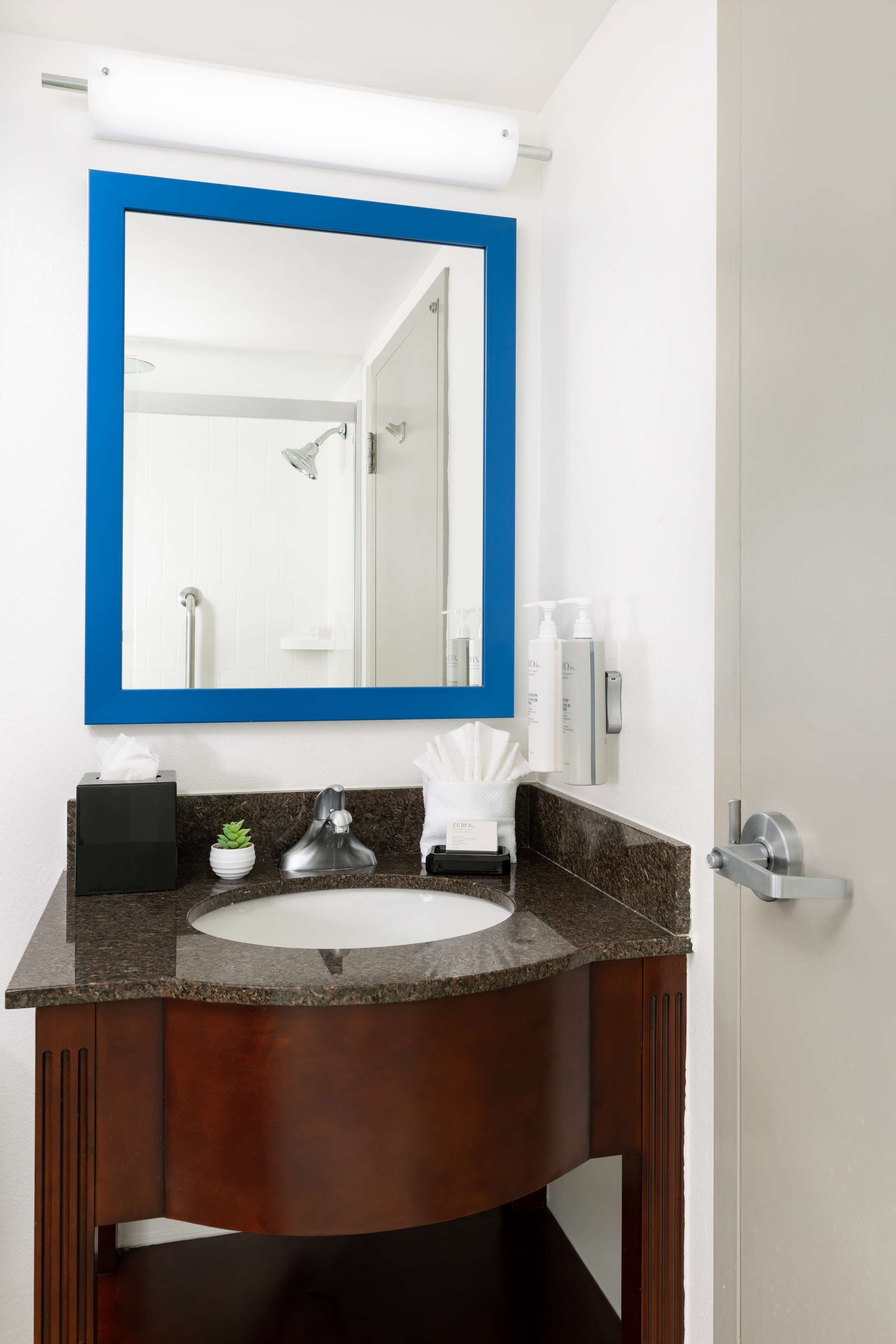 combined shower/bathtub, free toiletries, hair dryer, towels