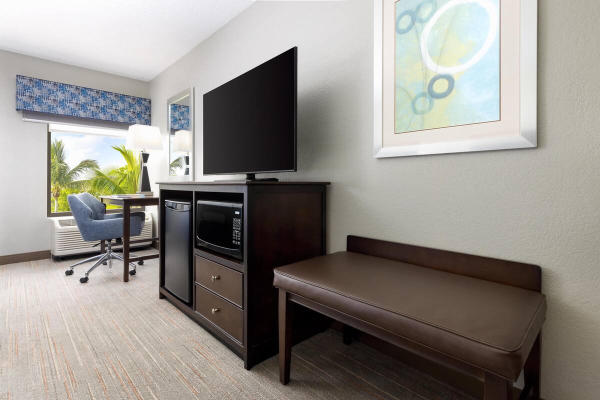 A hotel room with a flat-screen TV, a desk with a chair, a bench, a microwave, and a large window with a view of palm trees.