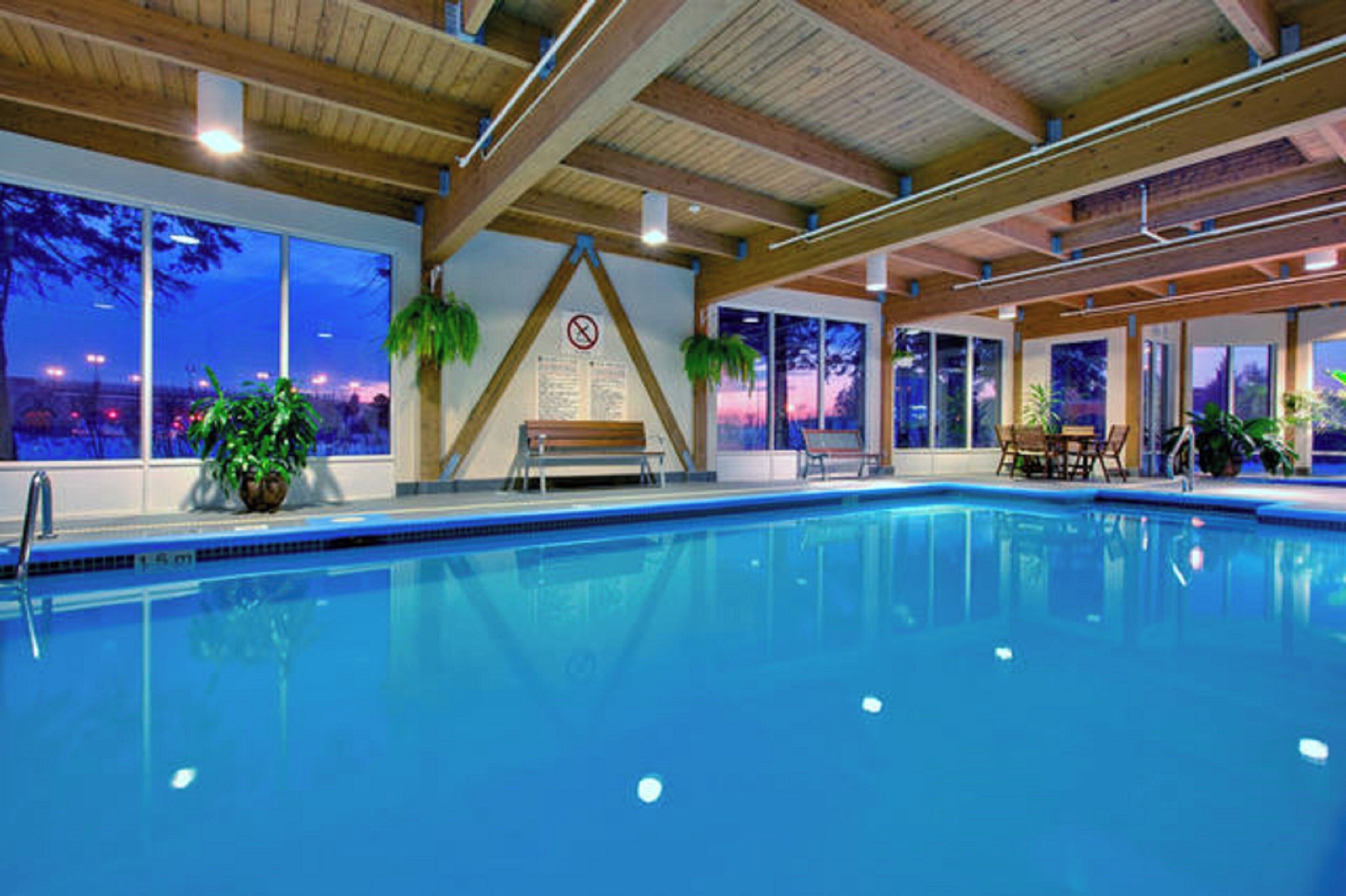 Une piscine intérieure avec un plafond en bois, de grandes fenêtres et des plantes en pot.