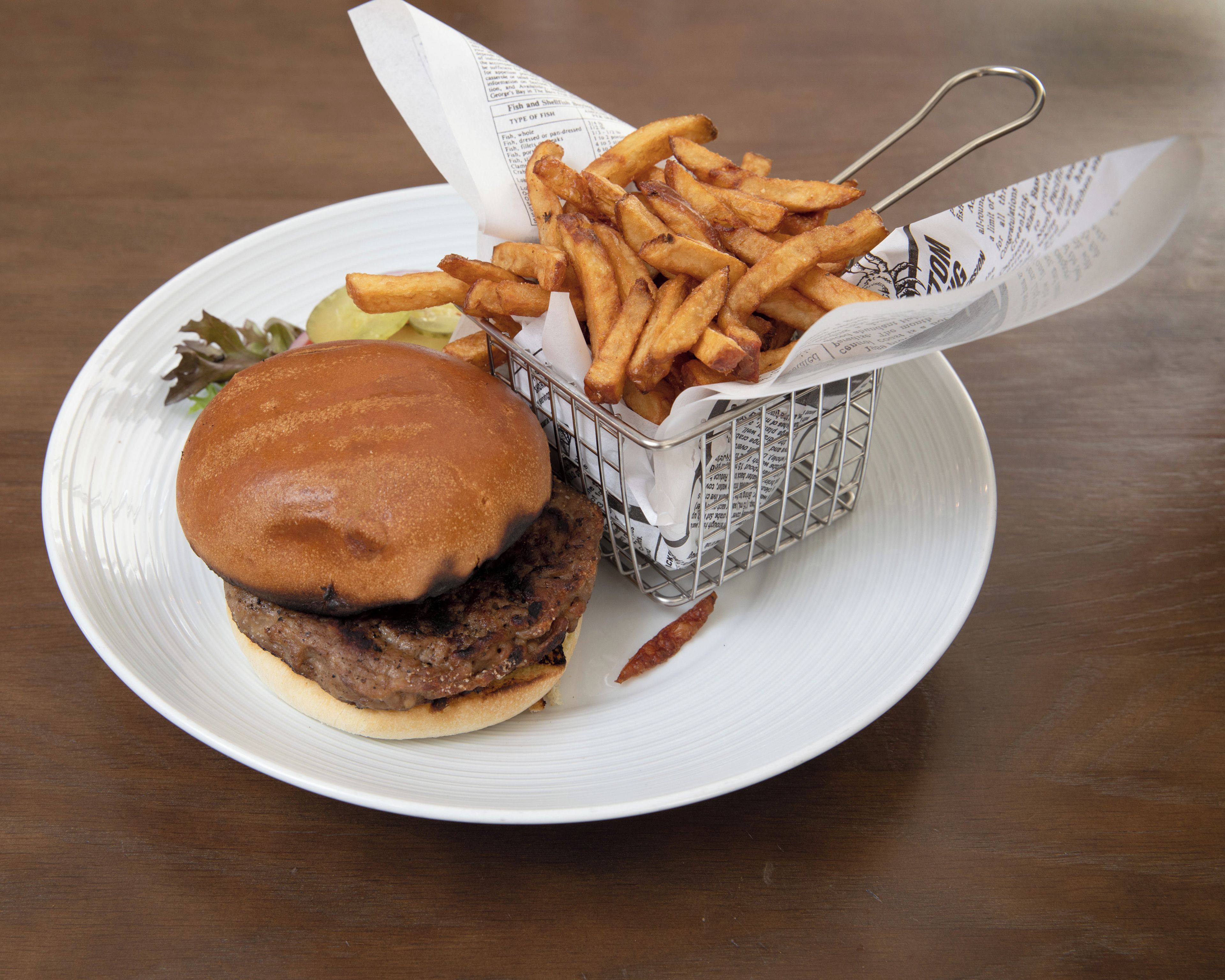 A hamburger with fries on a white plate.