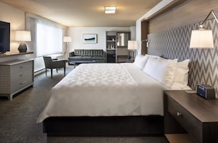 Habitación de hotel con una cama grande, un escritorio con televisor, un sofá y una mesita de noche con lámpara.