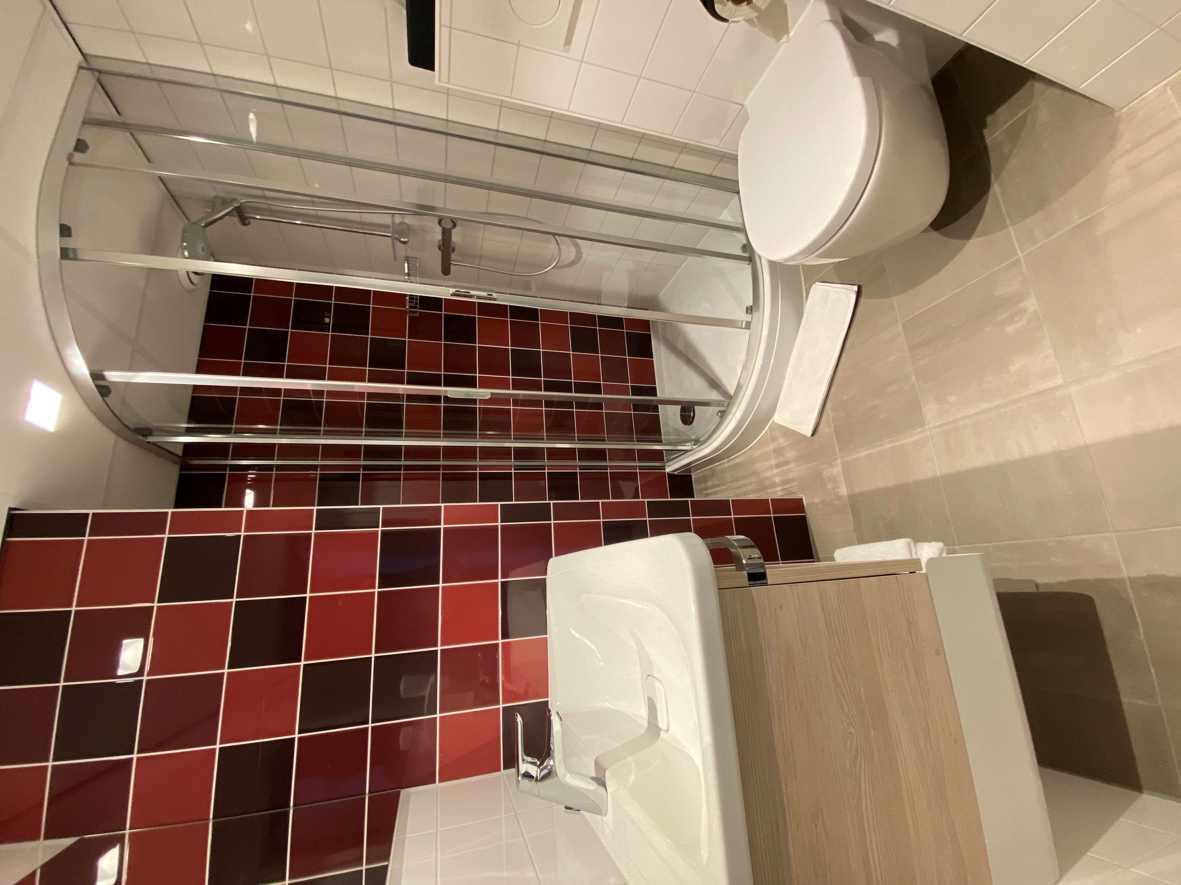 A modern bathroom with a glass shower enclosure, a white toilet, and red-tiled walls.