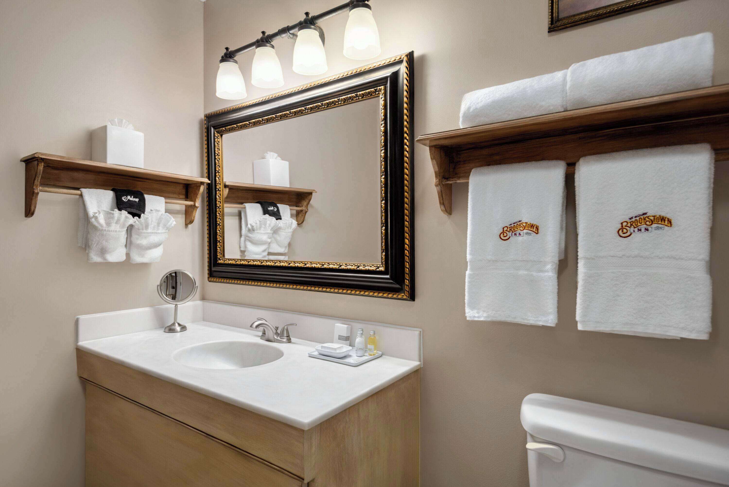 Een badkamer met een witte wastafel, een spiegel en een toilet. Er zijn twee handdoekhouders met handdoeken er aan.