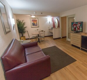 Desk, laptop workspace, blackout curtains, free WiFi