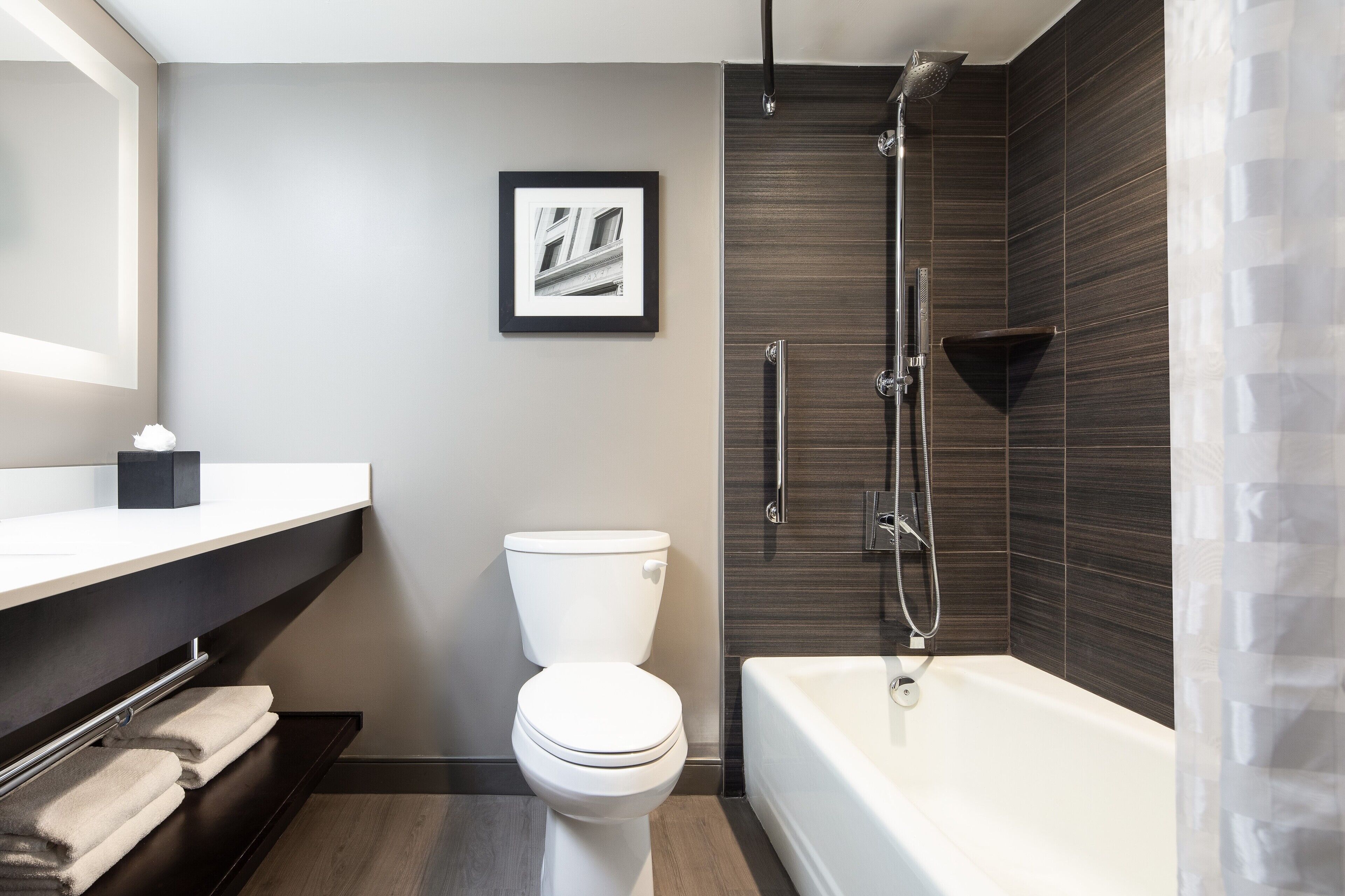 combined shower/bathtub, free toiletries, hair dryer, towels