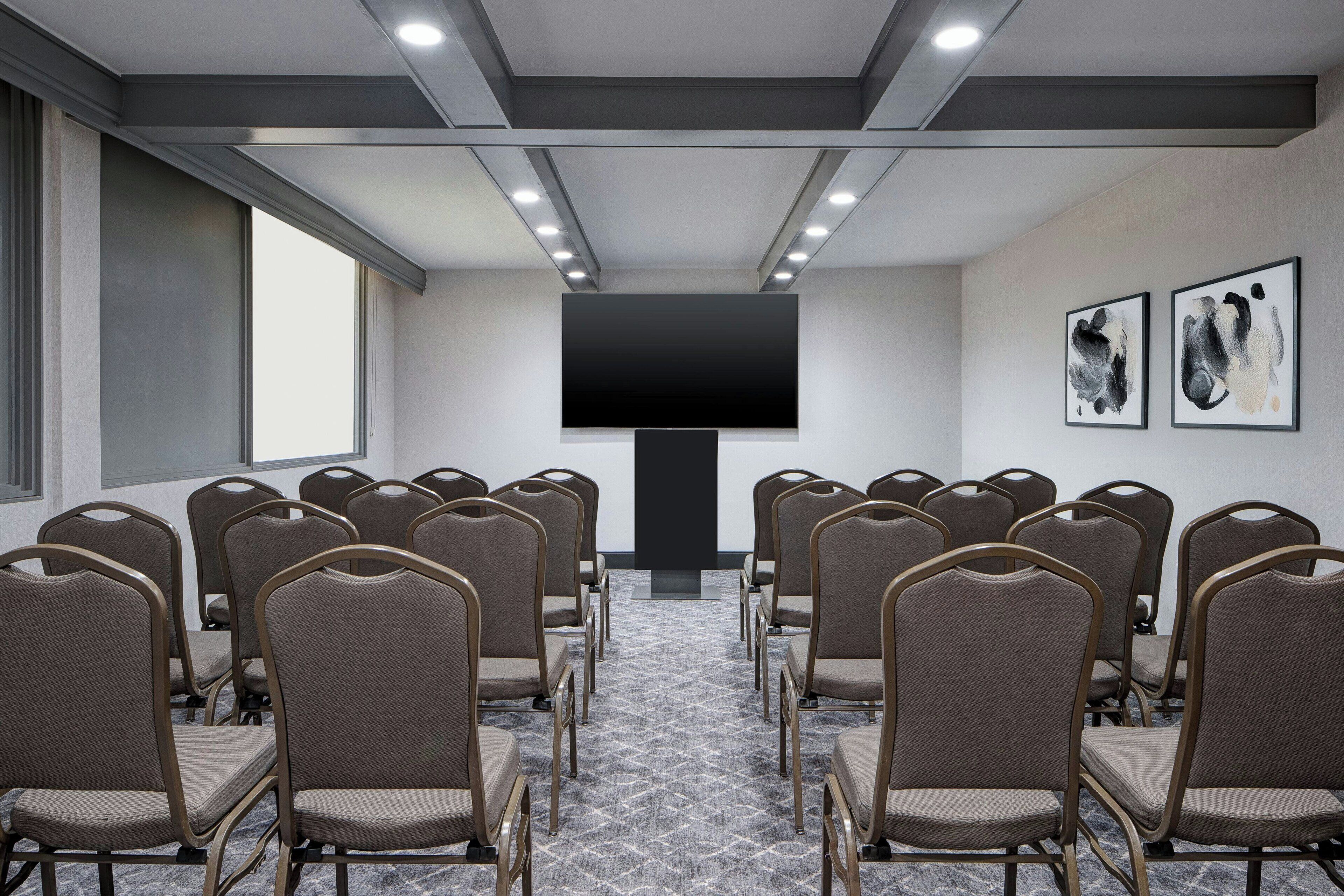 Un salón de conferencias con filas de sillas orientadas hacia una pantalla grande, una alfombra estampada y dos cuadros abstractos en la pared.