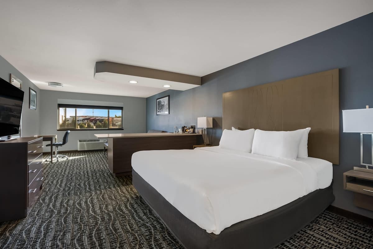 A hotel room with a large bed, a desk, a chair, a TV, and a window with a view of buildings.