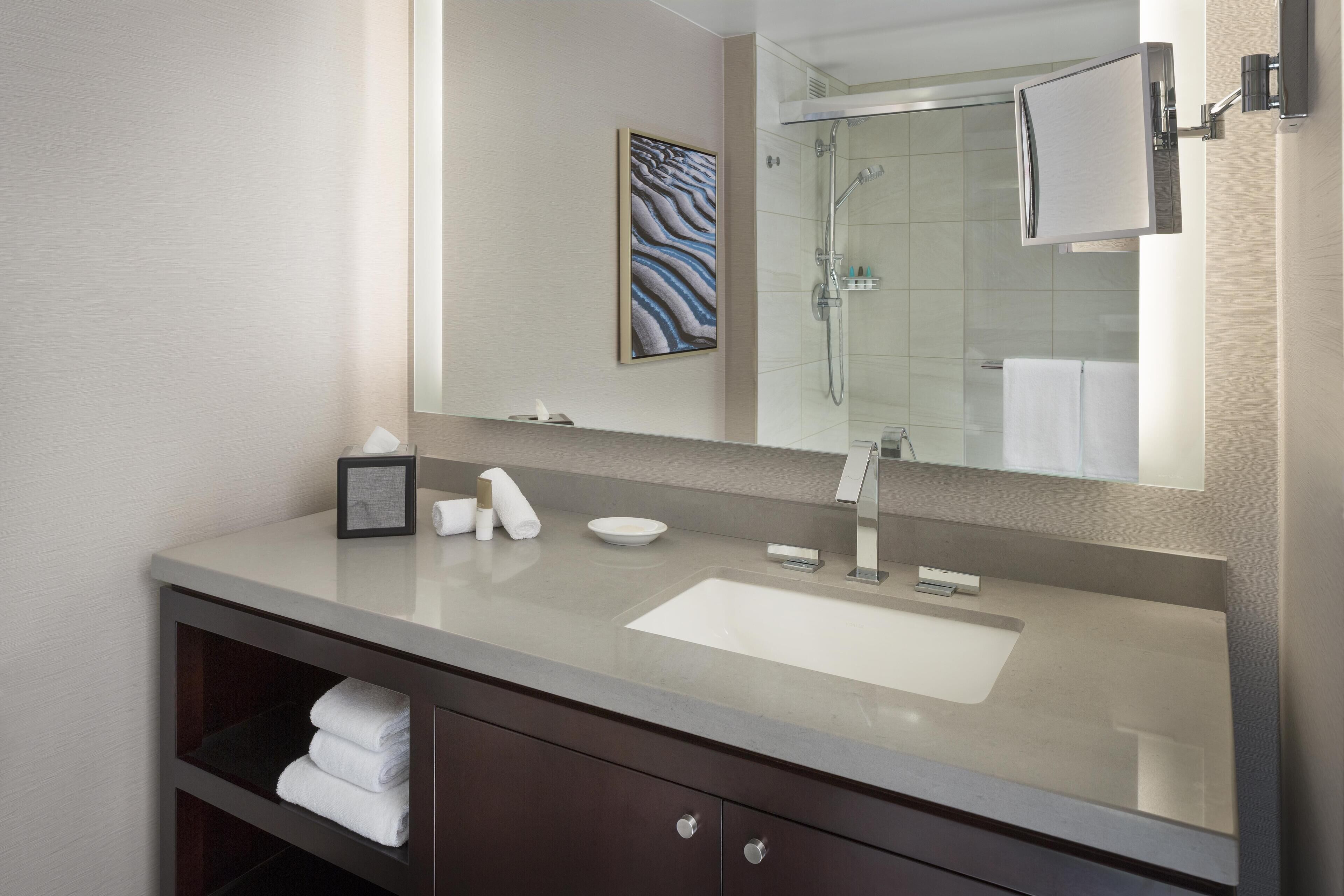 Une salle de bain moderne avec un grand miroir, un lavabo et une douche.