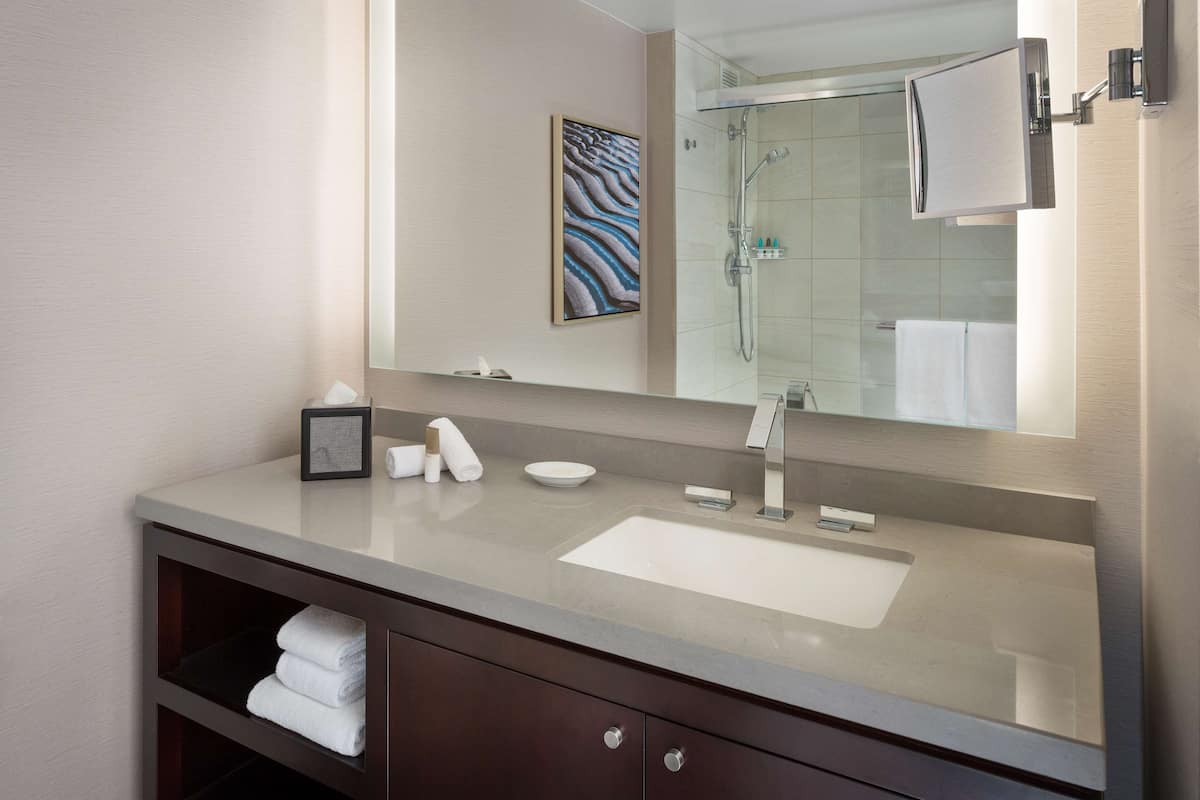 combined shower/bathtub, rainfall showerhead, free toiletries