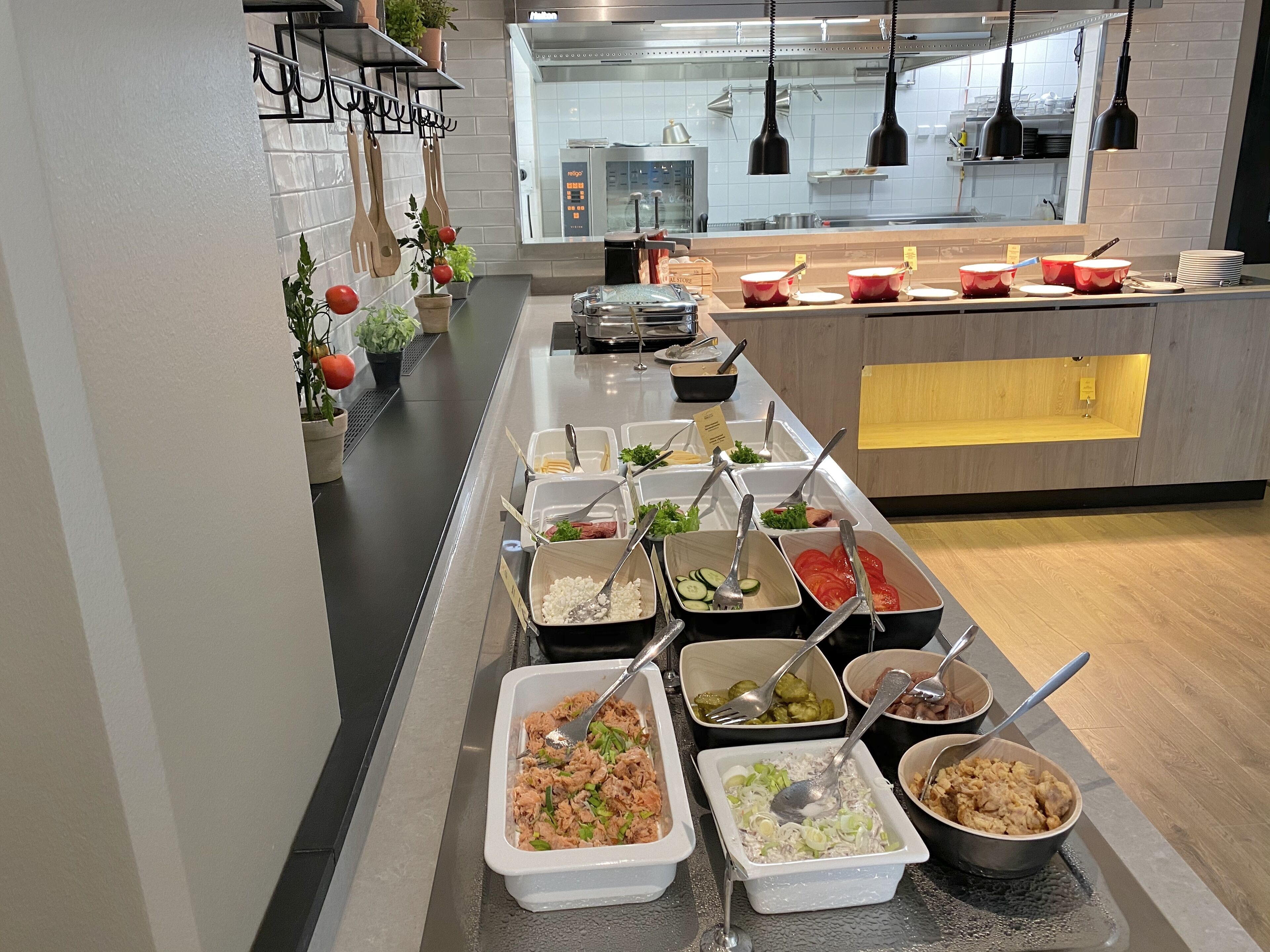 Un bufé con diversas opciones de comida y una zona de cocina al fondo.