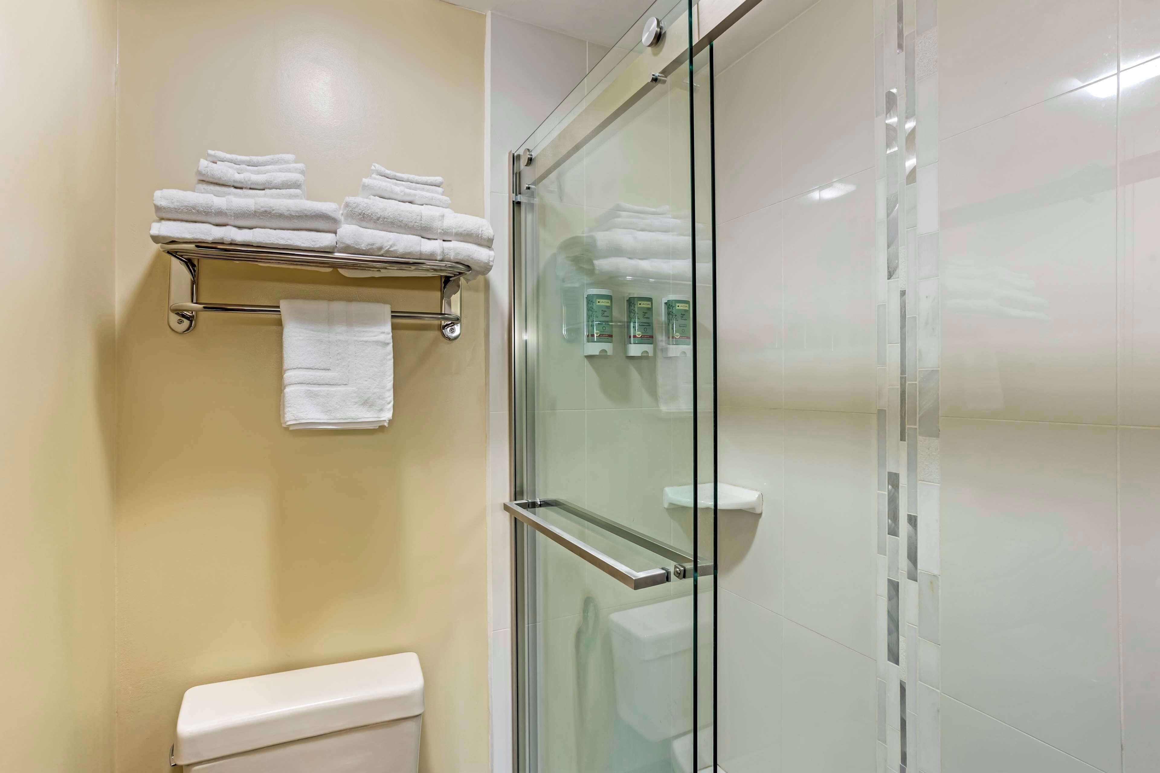 Un bagno con box doccia in vetro, un water e un porta asciugamani con asciugamani piegati.