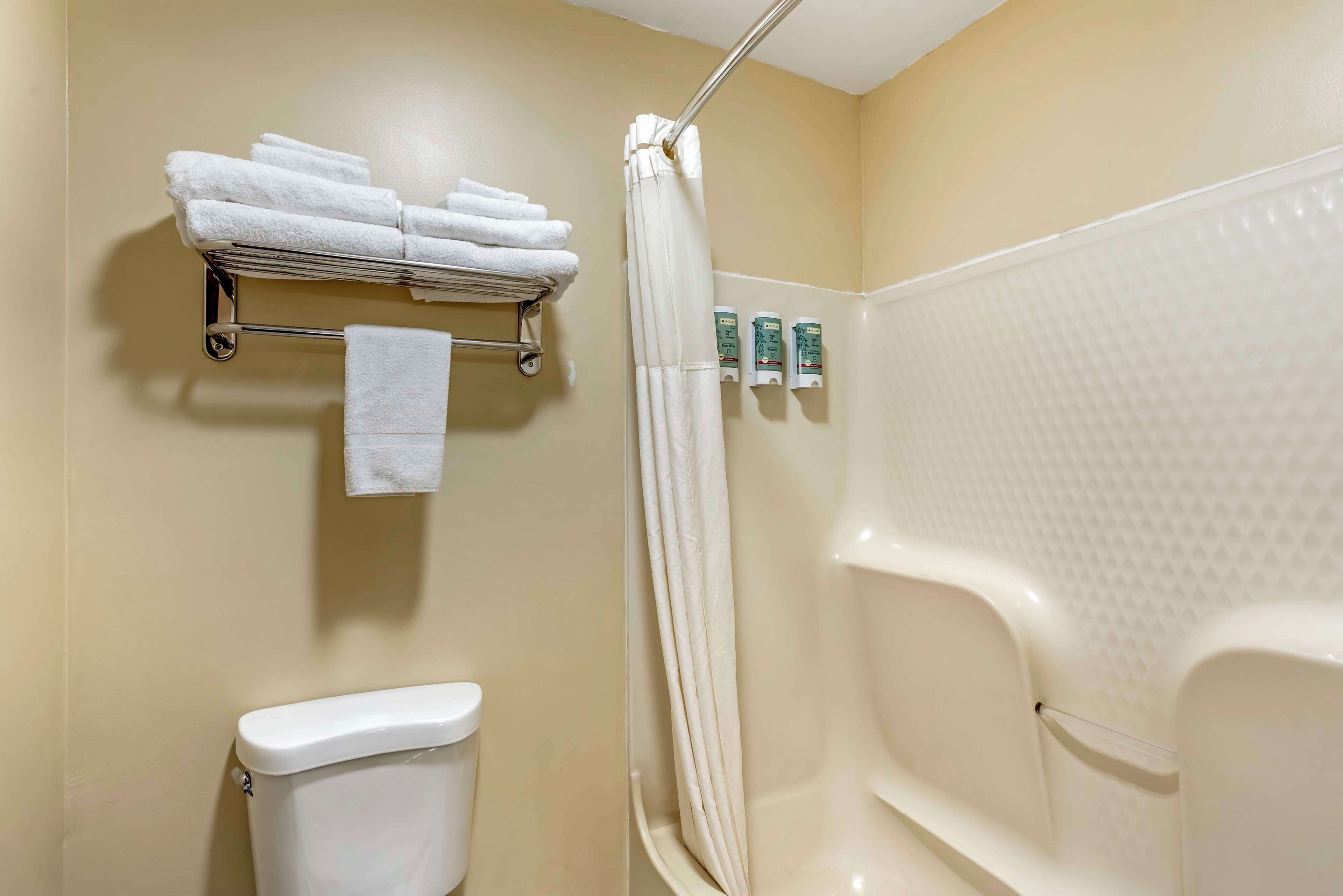 Un bagno con il water, una doccia con tenda bianca e un porta asciugamani con asciugni piegati.