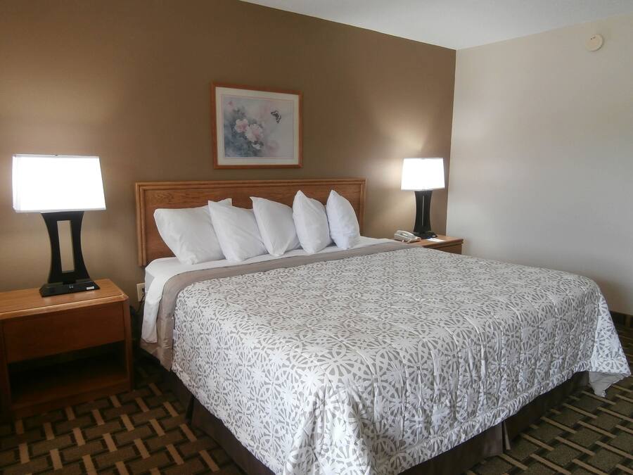 A hotel room with a large bed, two bedside tables, a nightstand, a wall-mounted telephone, and a framed picture above the bed.