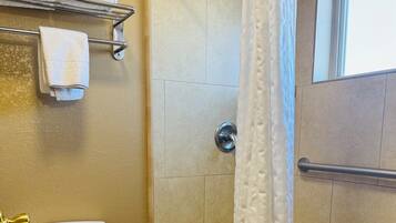 Shower, free toiletries, hair dryer, towels