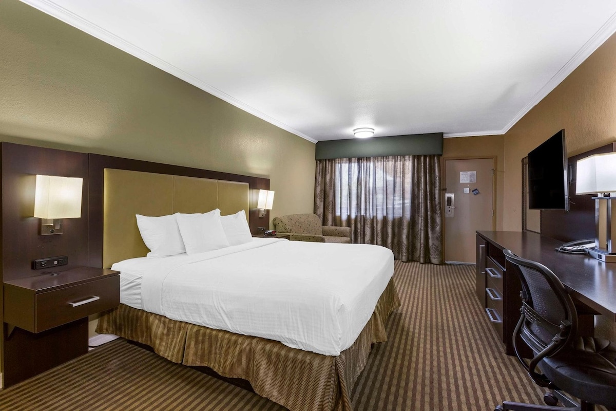 A hotel room with a large bed, a desk, a chair, a television, and a window with curtains.