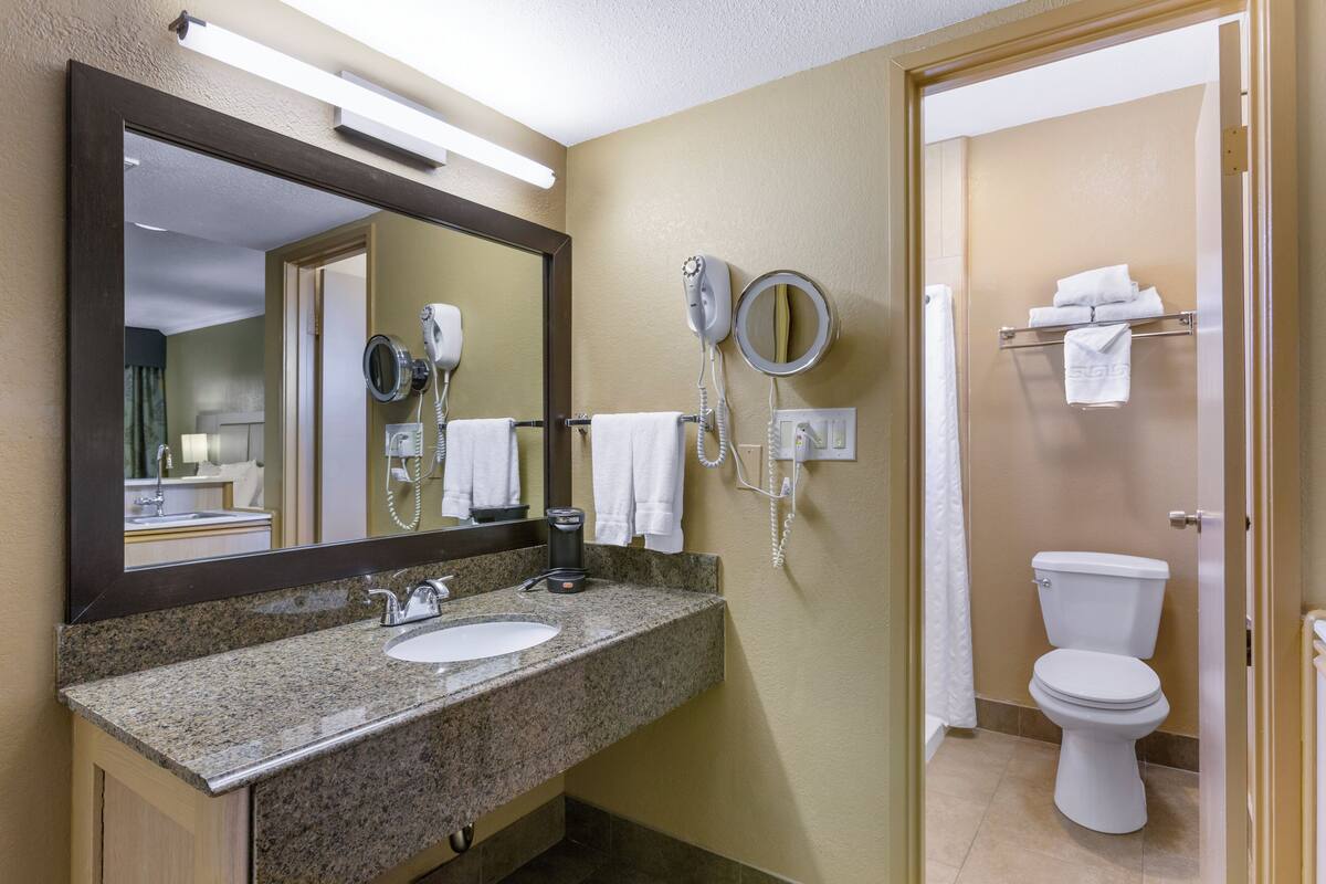 A hotel bathroom with a granite countertop sink, a hairdryer, a mirror, and a toilet.