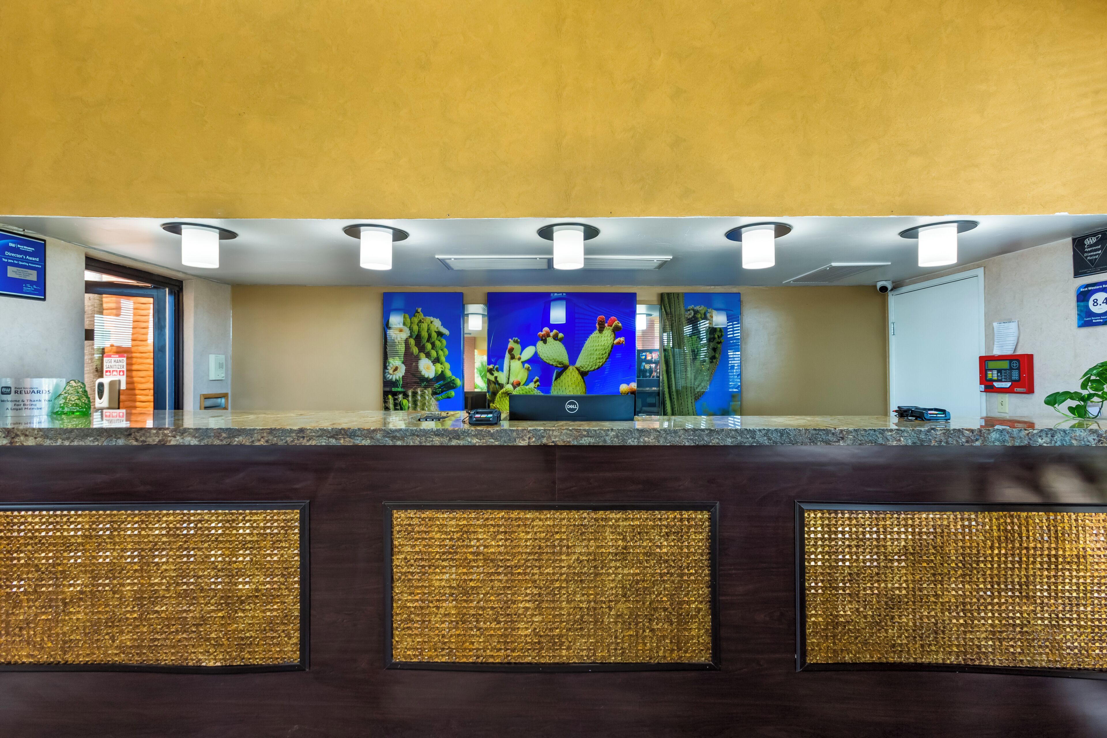 A hotel reception area with a counter, a blue wall with cactus artwork, and a digital screen.