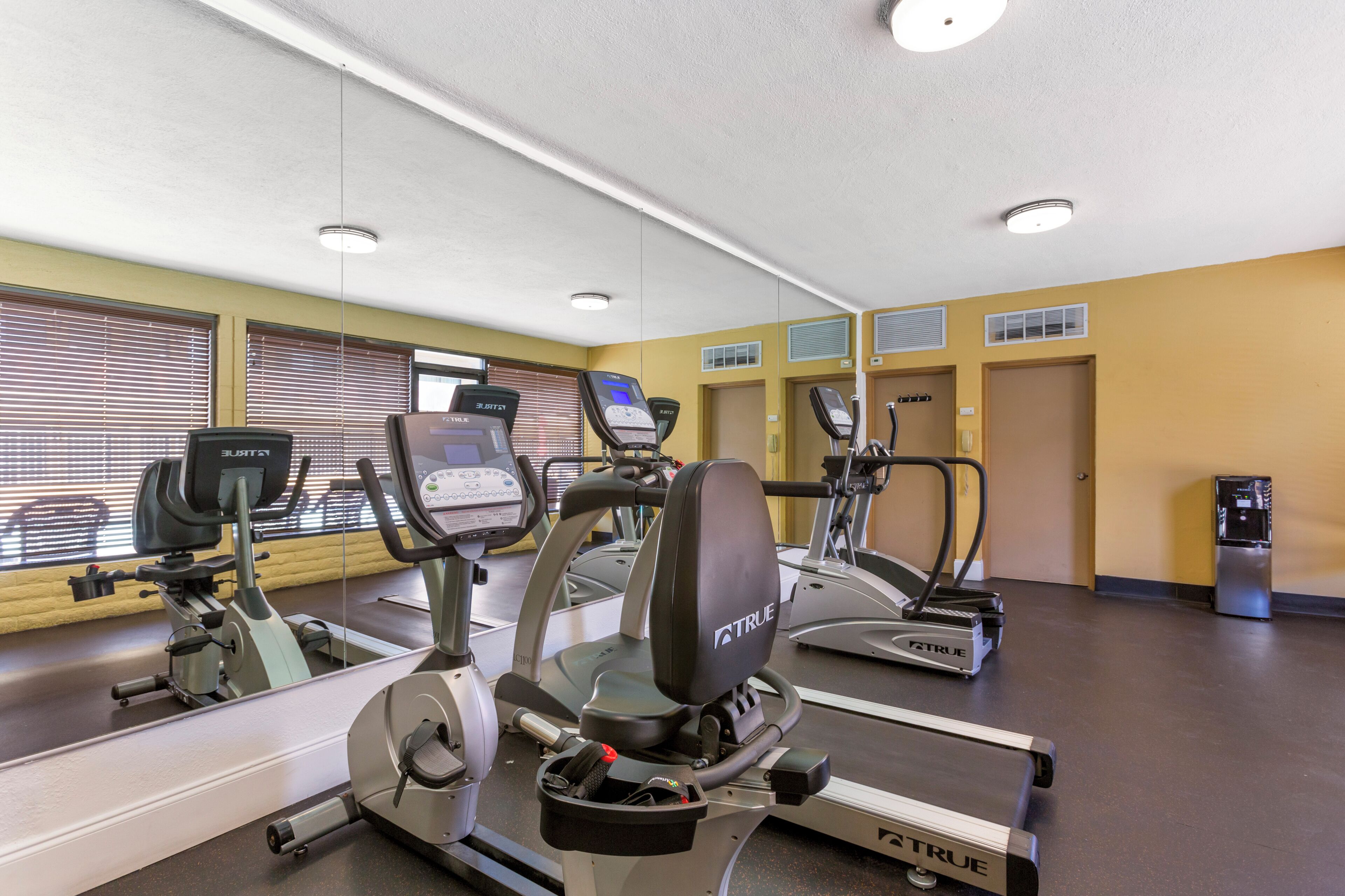 A gym with stationary bikes, treadmills, and a mirrored wall.