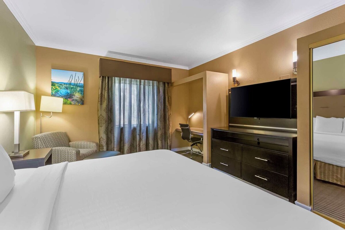 A hotel room with a bed, a desk, a television, and a window with curtains.