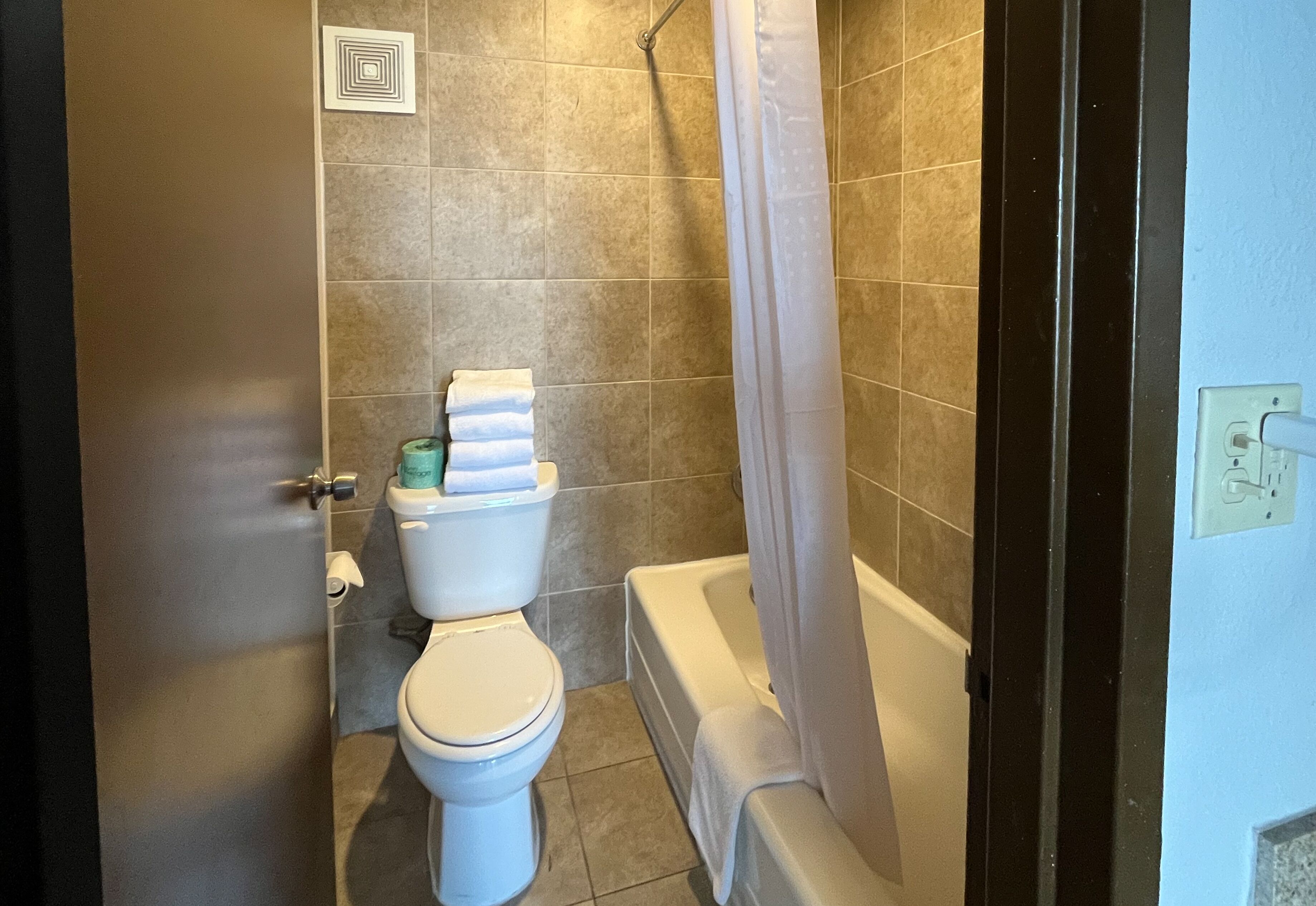 A bathroom with a toilet, bathtub, and shower curtain.