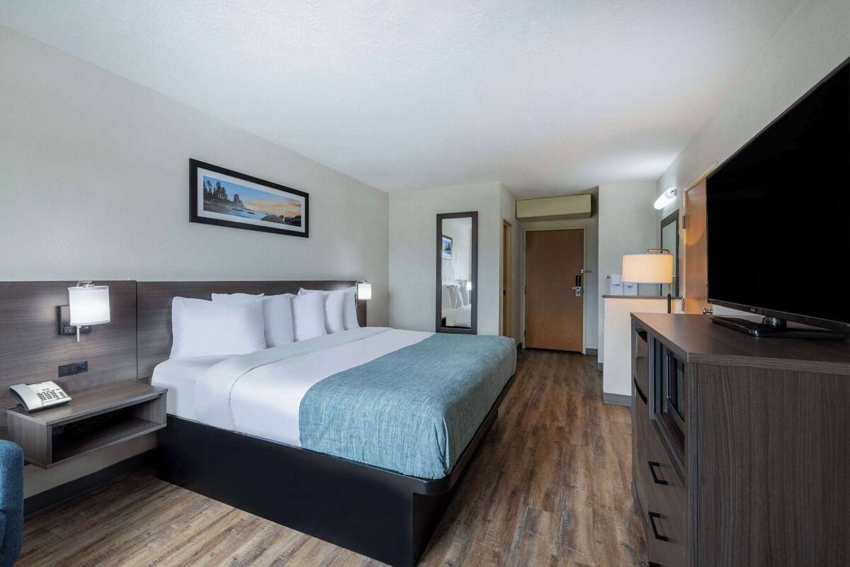 Une chambre d’hôtel comprenant un lit, une table de chevet avec une lampe, une télévision et un miroir.