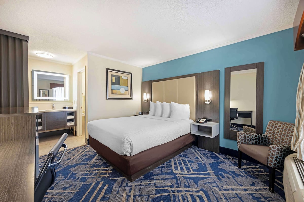 Relax in comfort with a large bed, desk, and chair, surrounded by stylish decor and ample natural light.