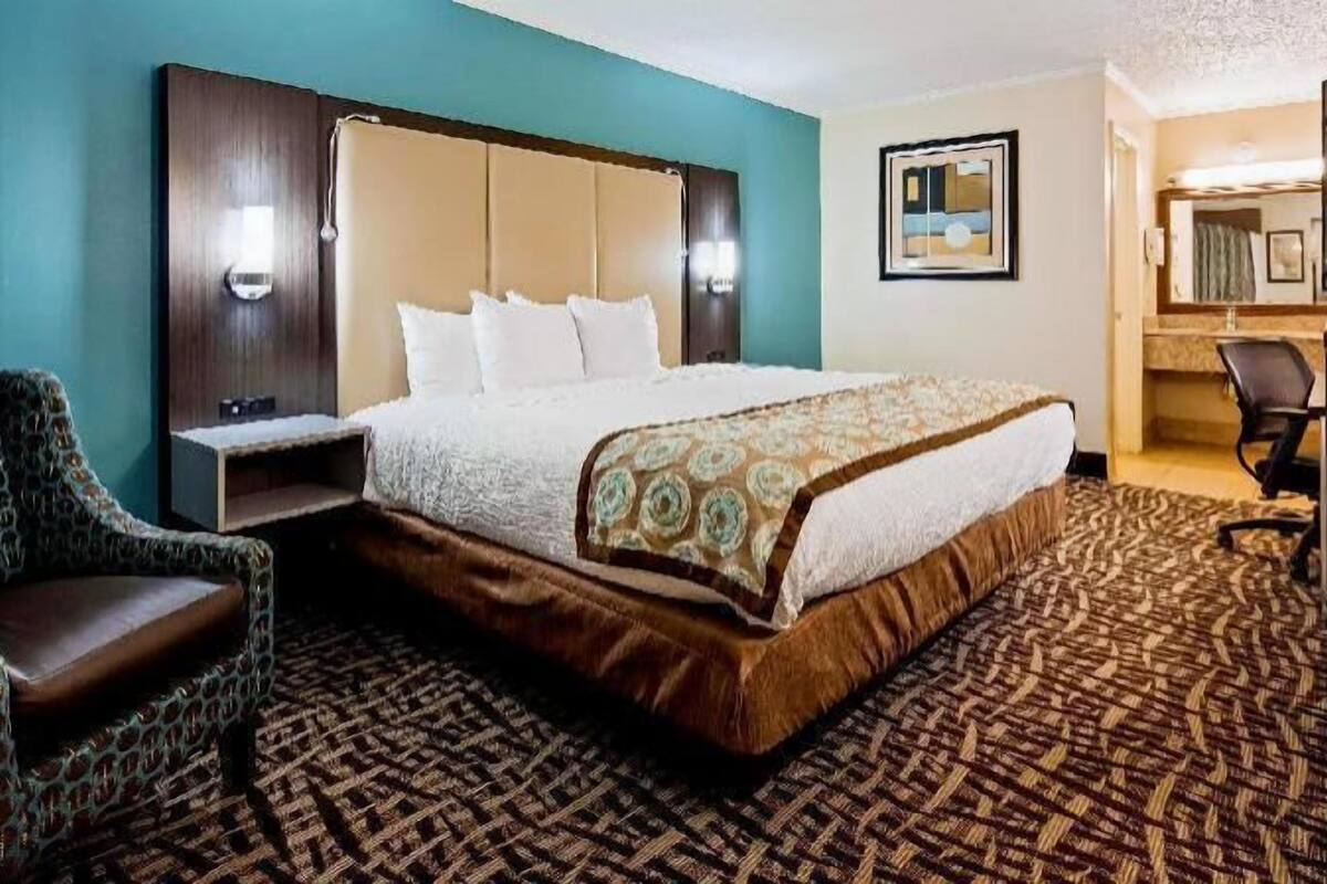 Quarto de hotel com cama, escrivaninha, cadeira e televisão.