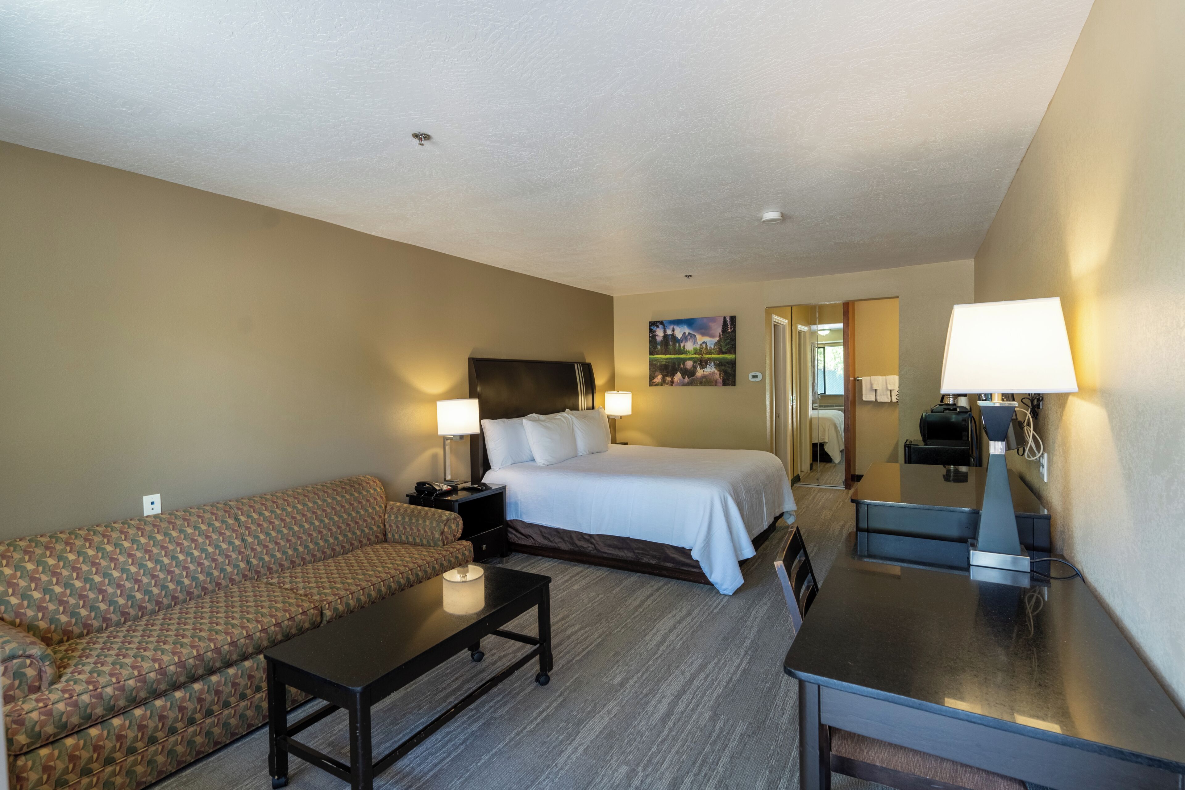 A hotel room with a bed, a sofa, a desk, and a lamp.