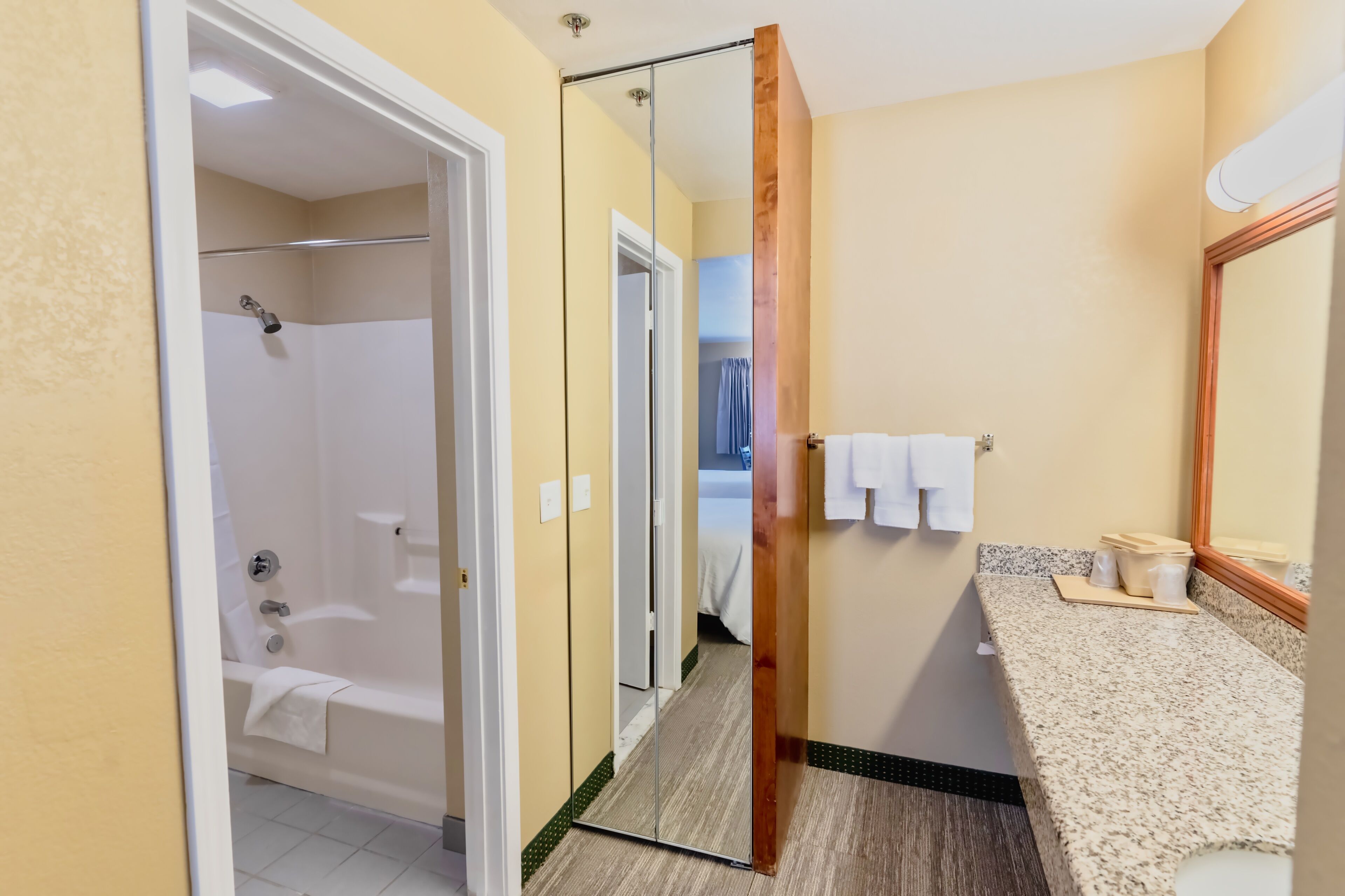 combined shower/bathtub, free toiletries, hair dryer, towels