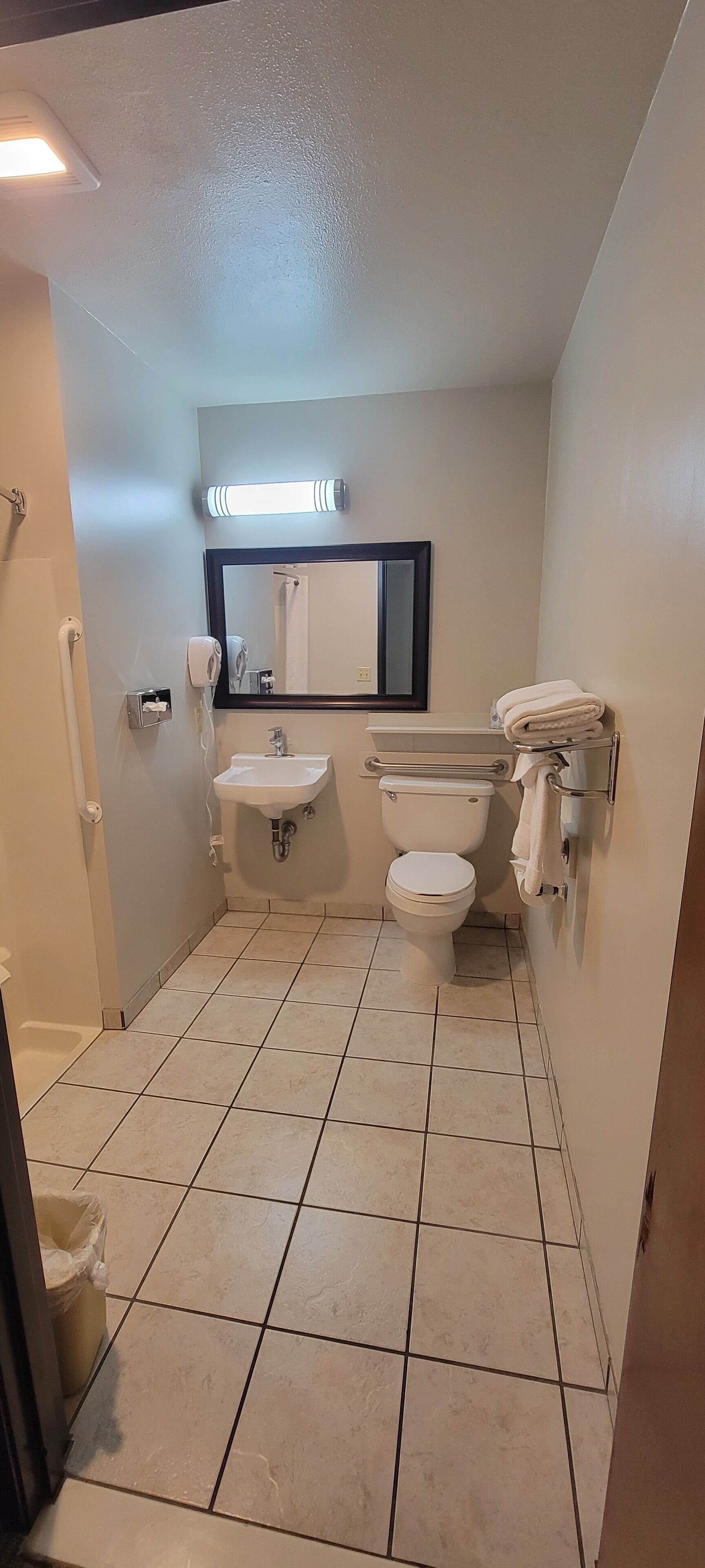 combined shower/bathtub, free toiletries, hair dryer, towels