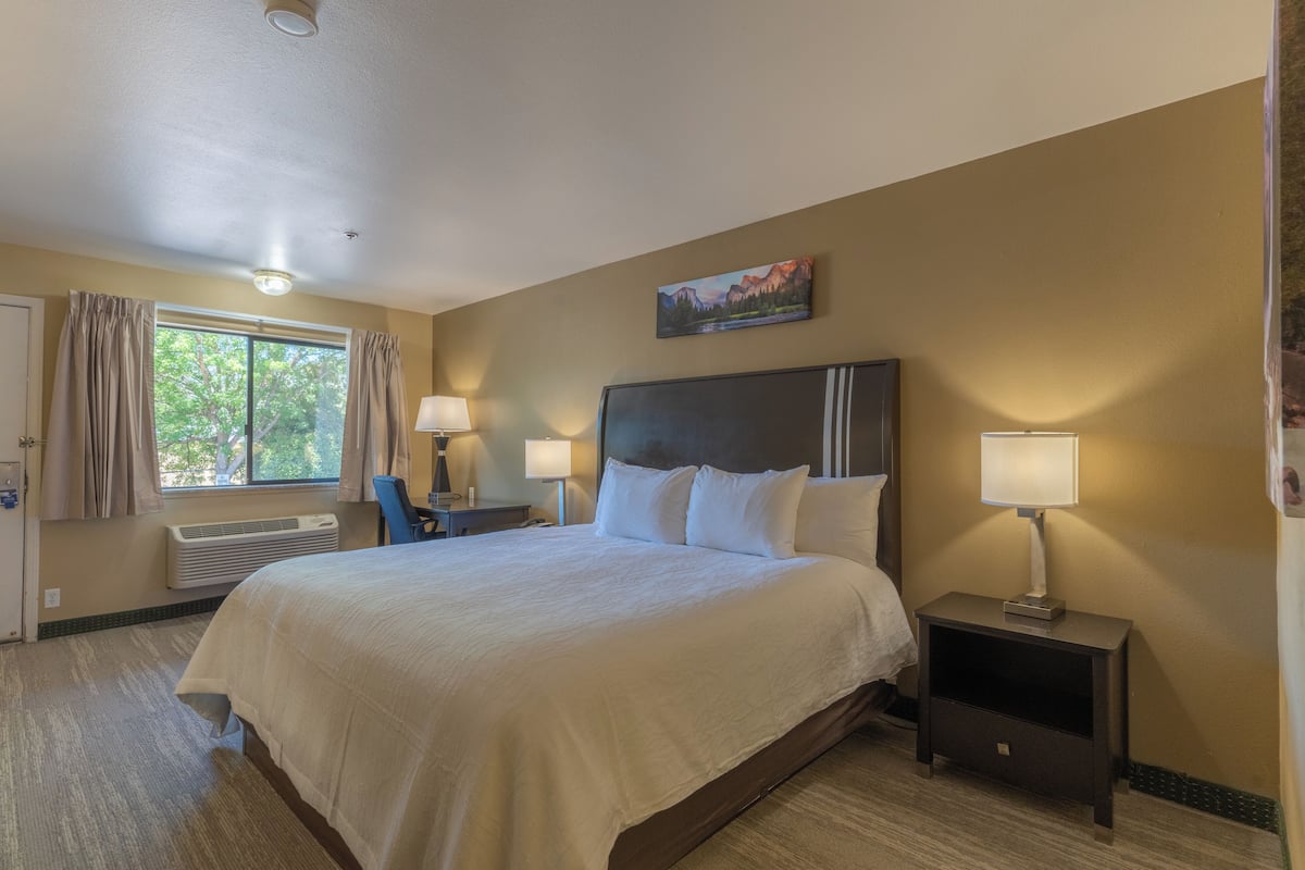 A hotel room with a large bed, two bedside tables with lamps, a window with curtains, a radiator, and a painting on the wall.