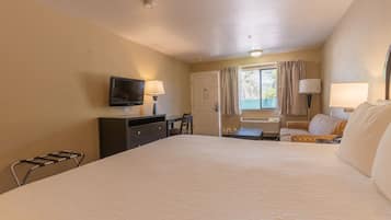 Habitación de hotel con una cama grande, un escritorio, una silla, un televisor y una ventana con cortinas.