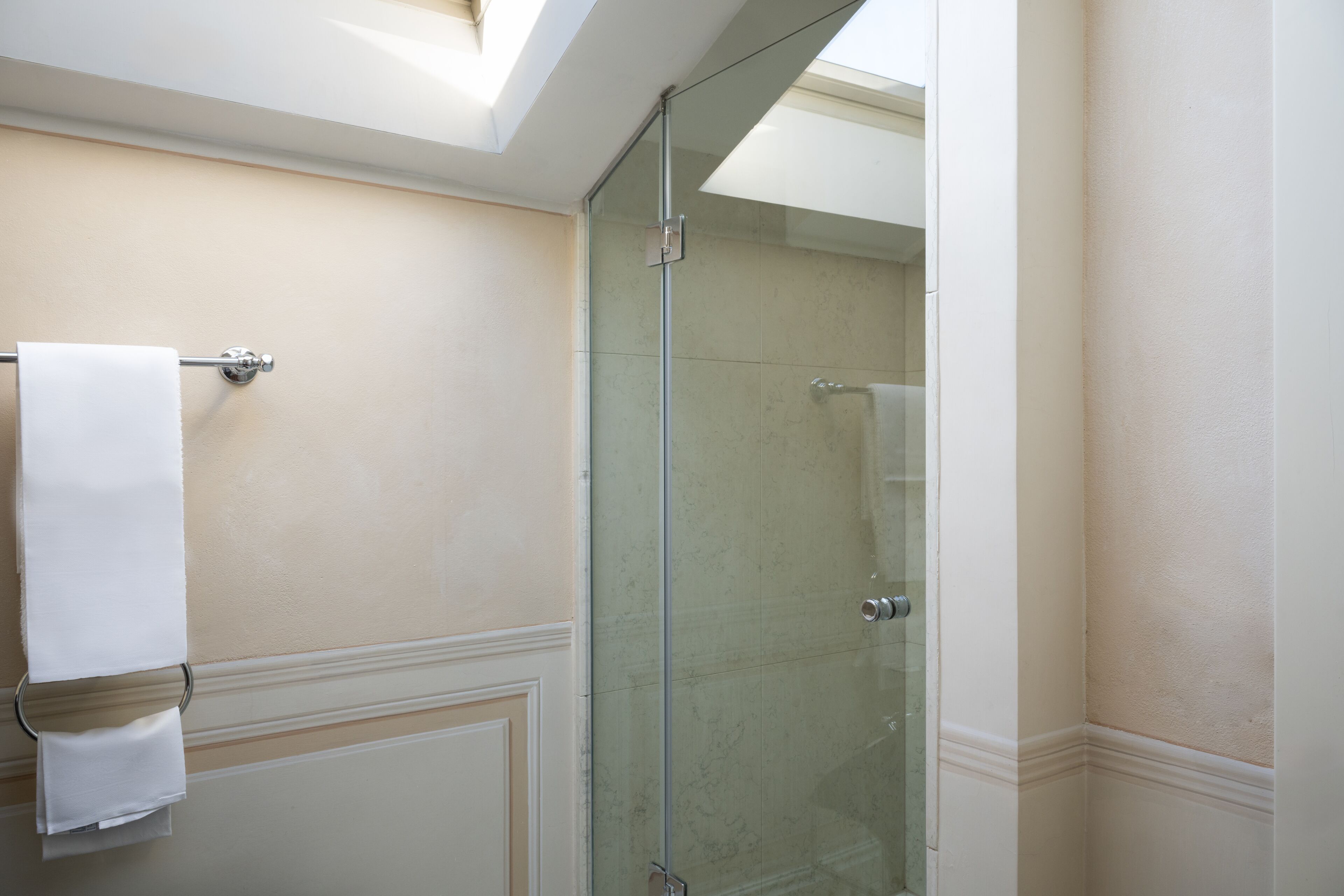 A bathroom with a glass shower enclosure, a towel rack, and a ceiling skylight.