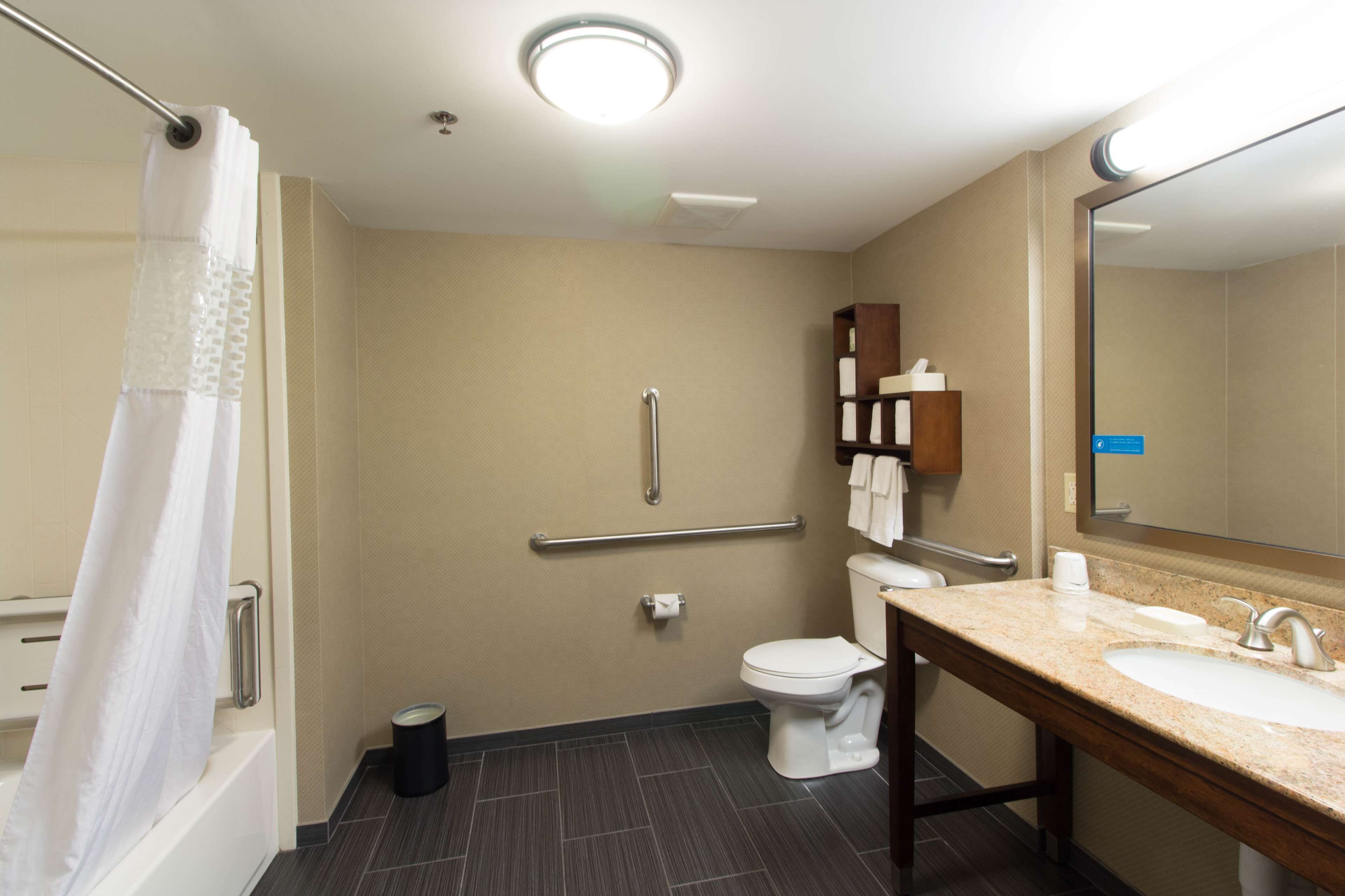 A bathroom with a shower, toilet, and sink, equipped with grab bars and a hand dryer.