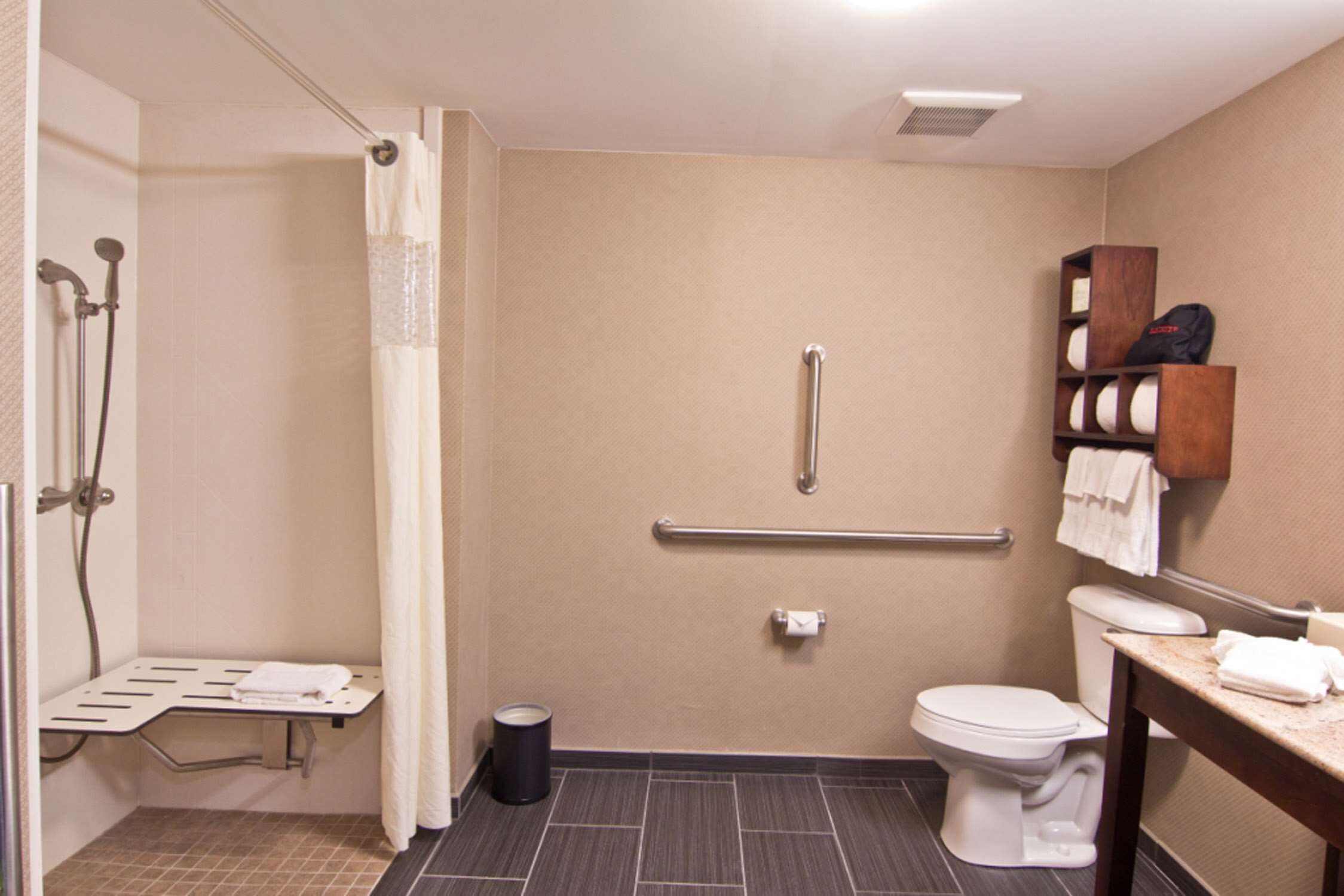 A bathroom with a shower, toilet, and a towel rack.
