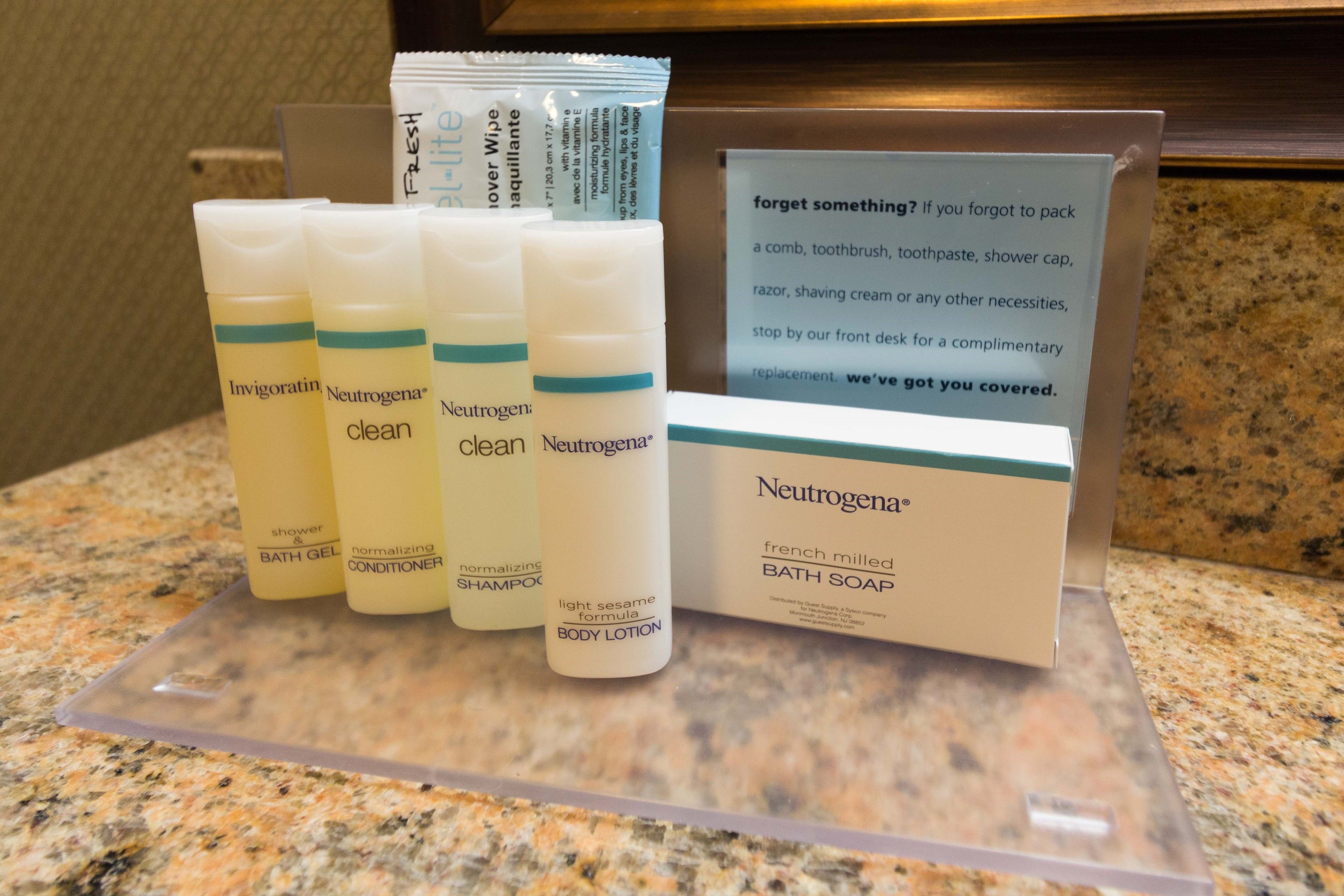 free toiletries, hair dryer, towels