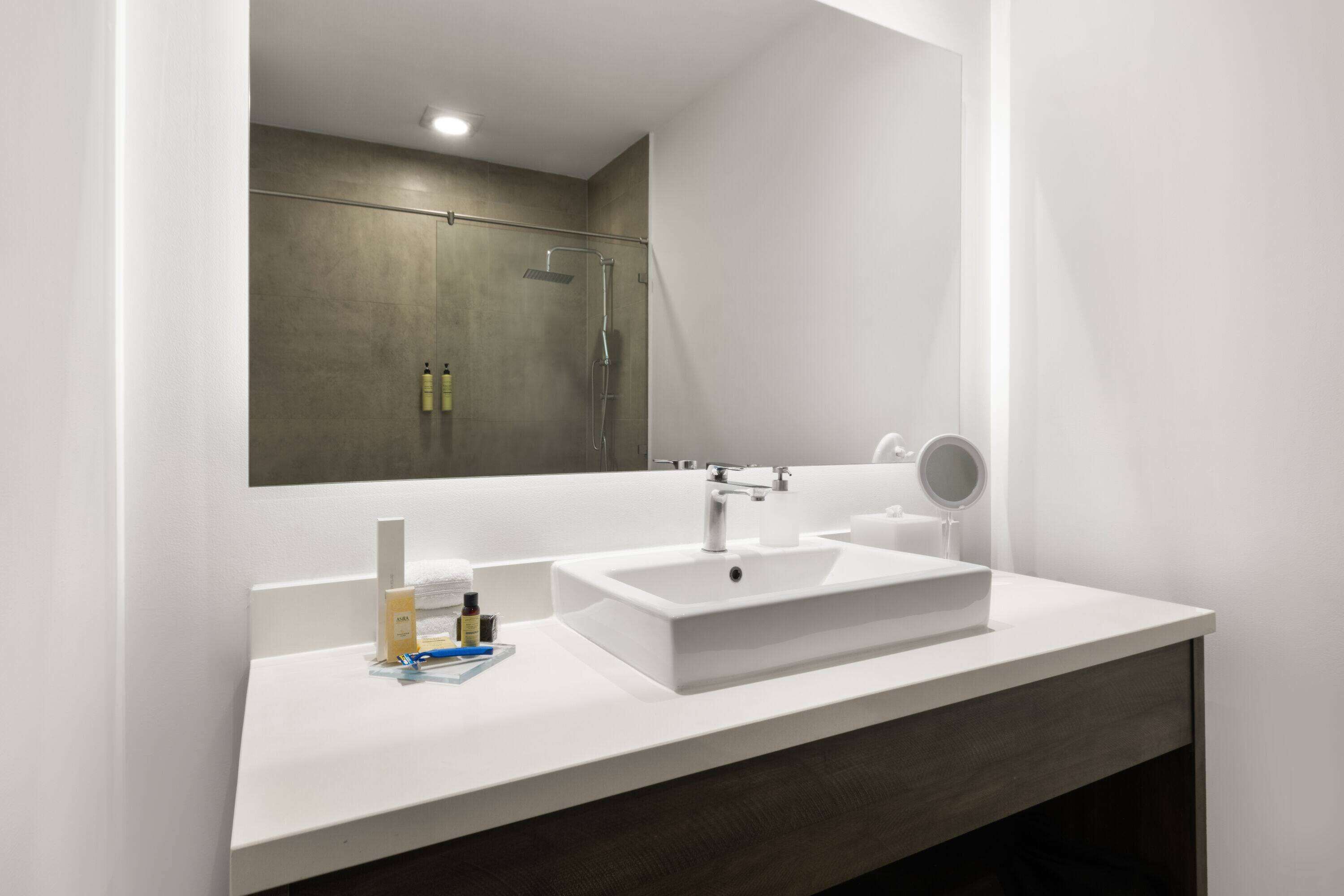 Une salle de bain moderne avec un lavabo blanc, un miroir et un espace douche.