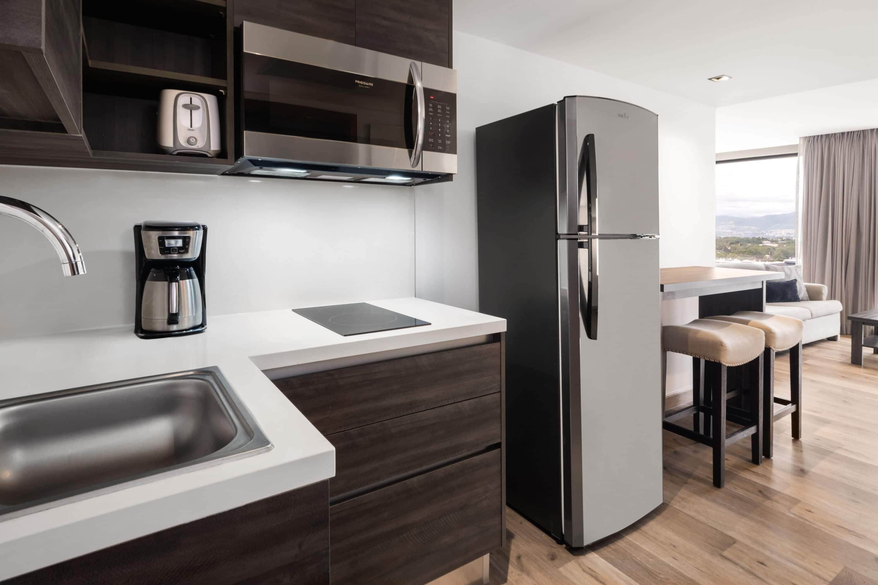 A modern kitchen with a stainless steel refrigerator, a built-in microwave, and a coffee maker. There is a white countertop, a sink, and a window with a view of the city.