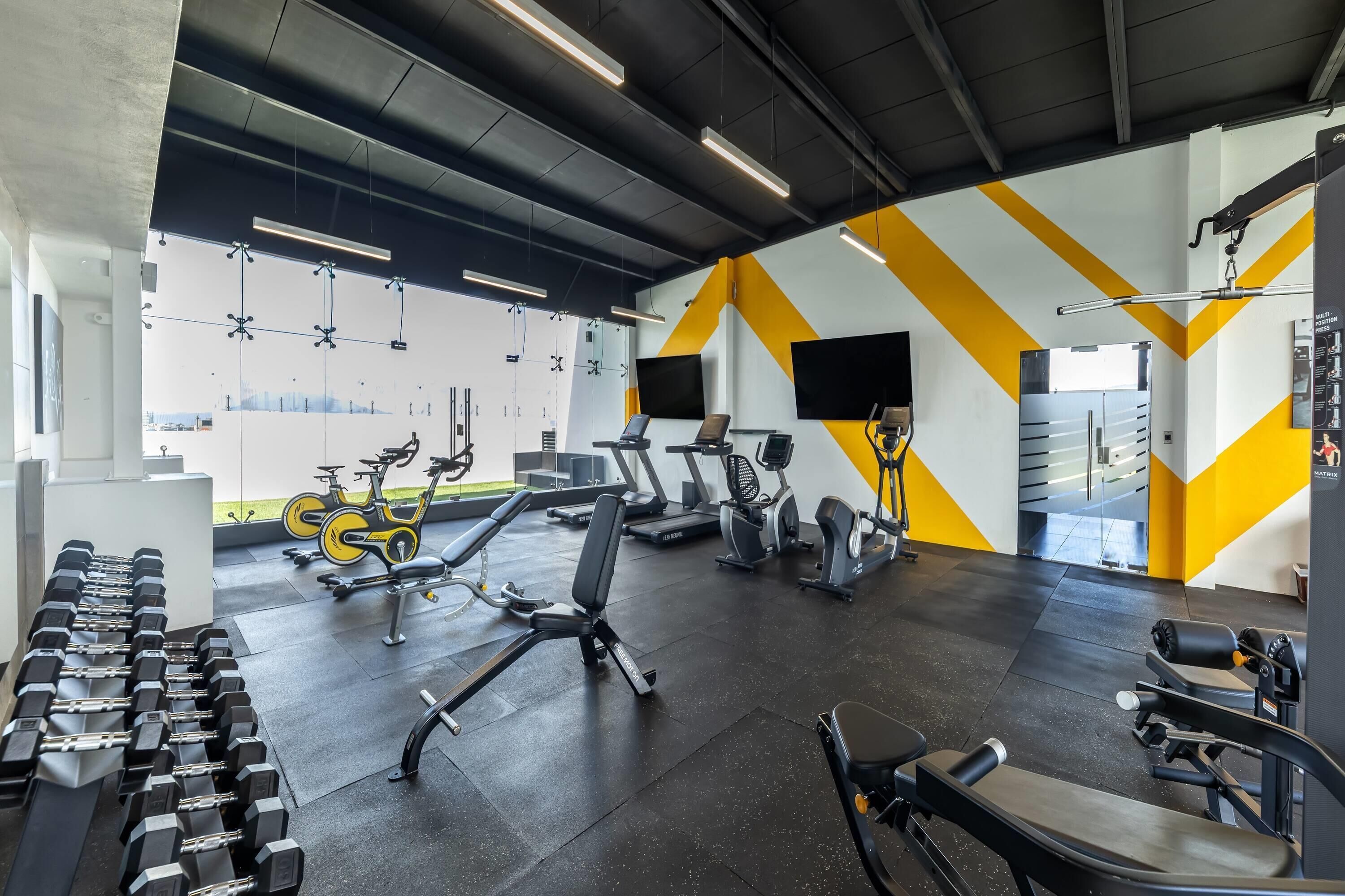 Un gimnasio con diversos equipos de ejercicio, como cintas de correr, bicicletas estáticas y mancuernas.