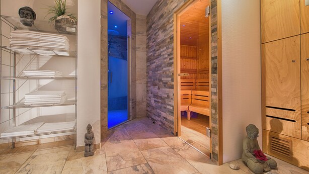 A spa area with a wooden sauna, a stone wall, and a small Buddha statue. - Radisson Blu Hotel, Halle-Merseburg (Merseburg)
