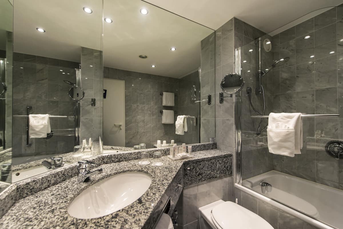 combined shower/bathtub, eco-friendly toiletries, hair dryer, towels