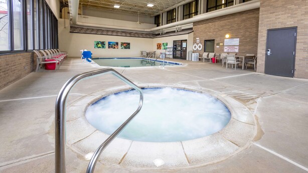 Una piscina interior con jacuzzi, sillas de descanso y una pared de ladrillo decorada con obras de arte.