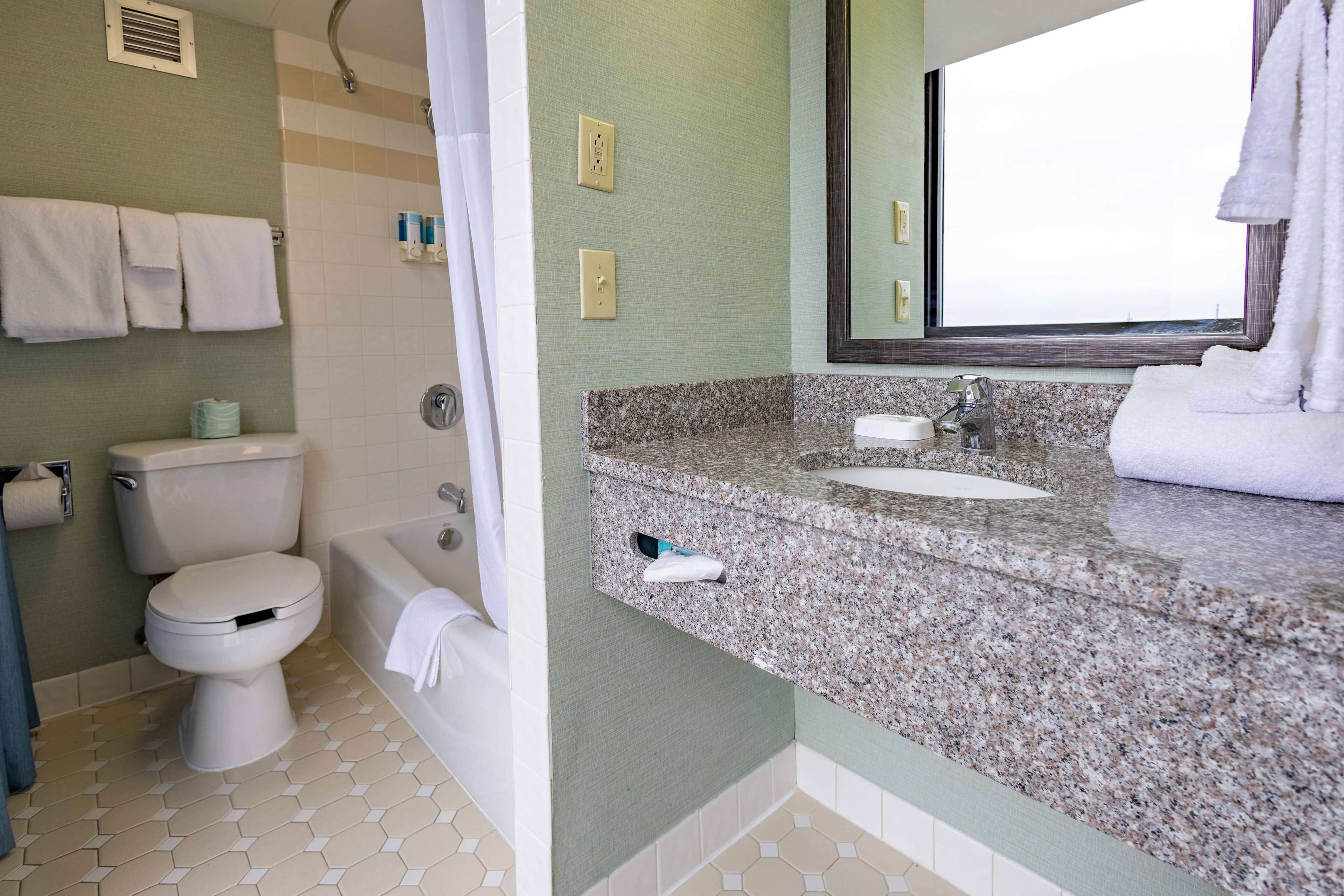 combined shower/bathtub, free toiletries, hair dryer, towels