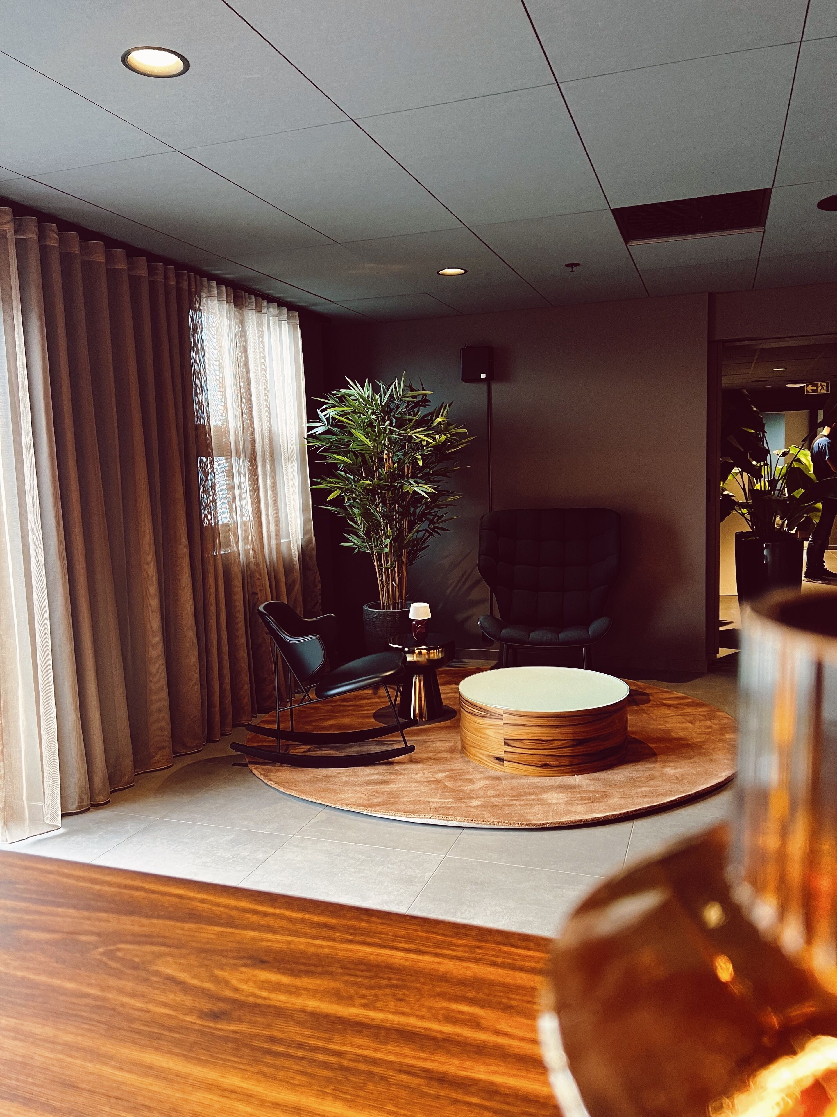 Un moderno vestíbulo de hotel con piso de madera, una mesa redonda de madera para café, un sillón negro, una planta en maceta y un amplio ventanal con cortinas.