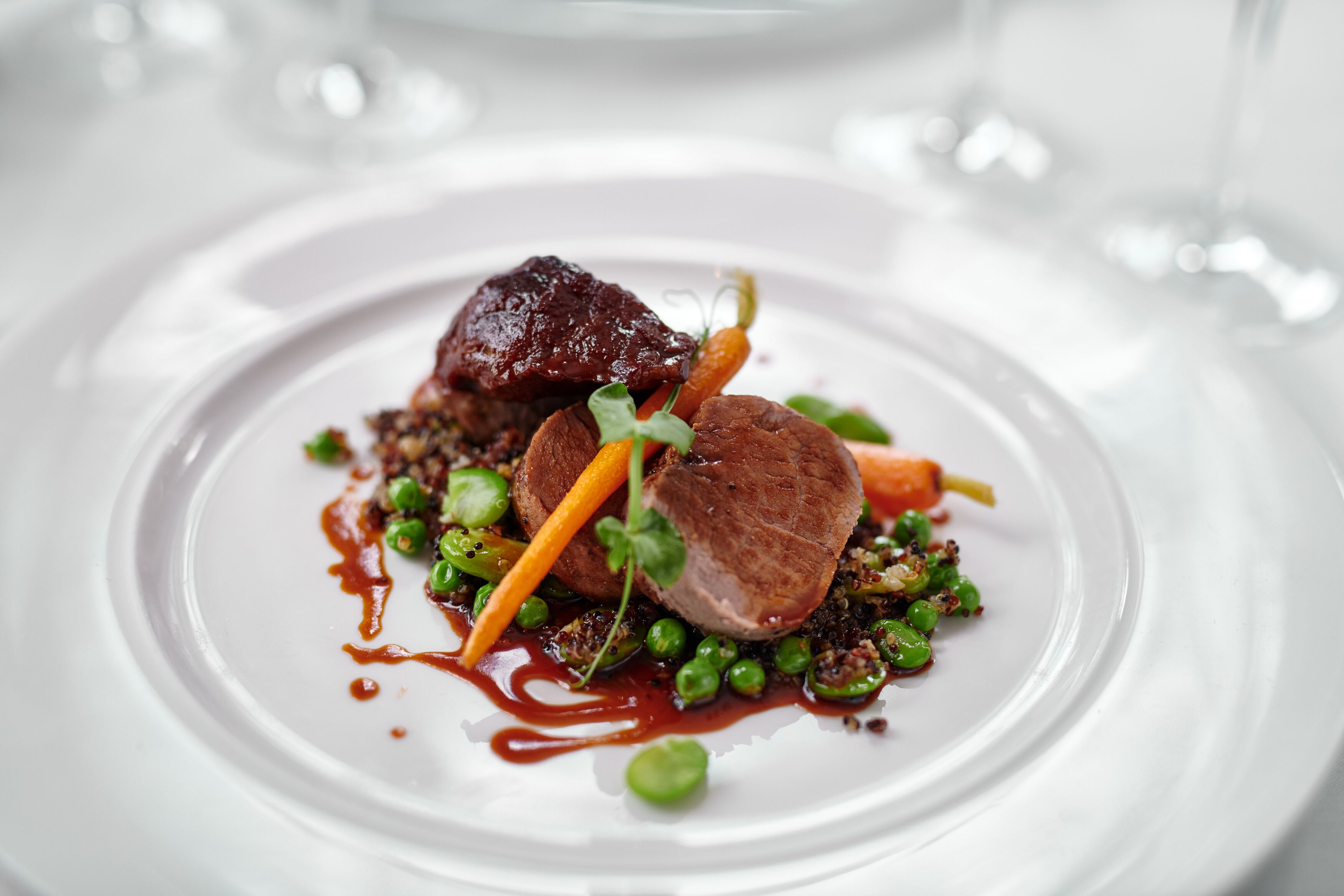 Un plato blanco con guiso de carne, verduras y salsa.